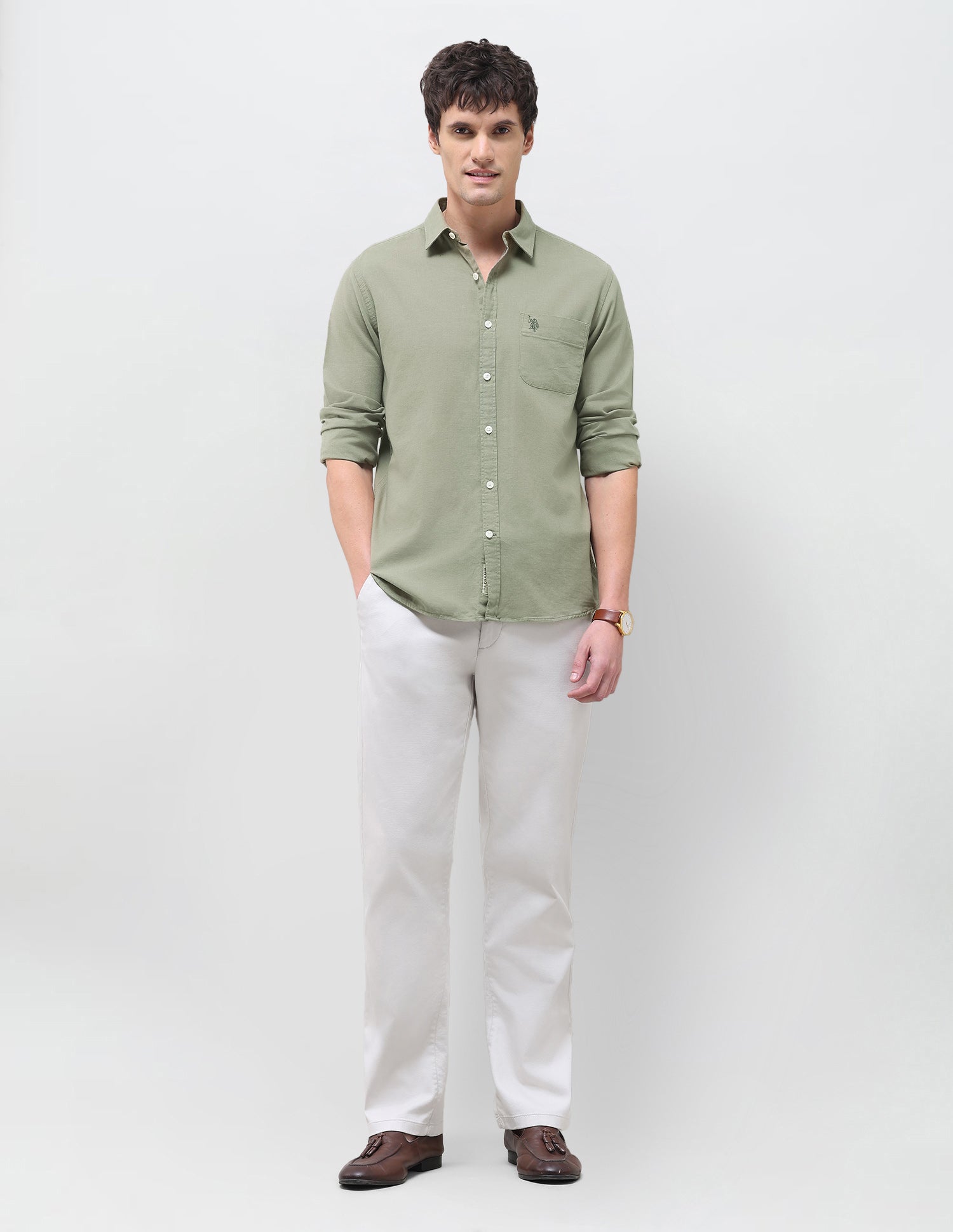 Solid Regular Fit Shirt Light Olive - U.S. Polo Assn. India | Large