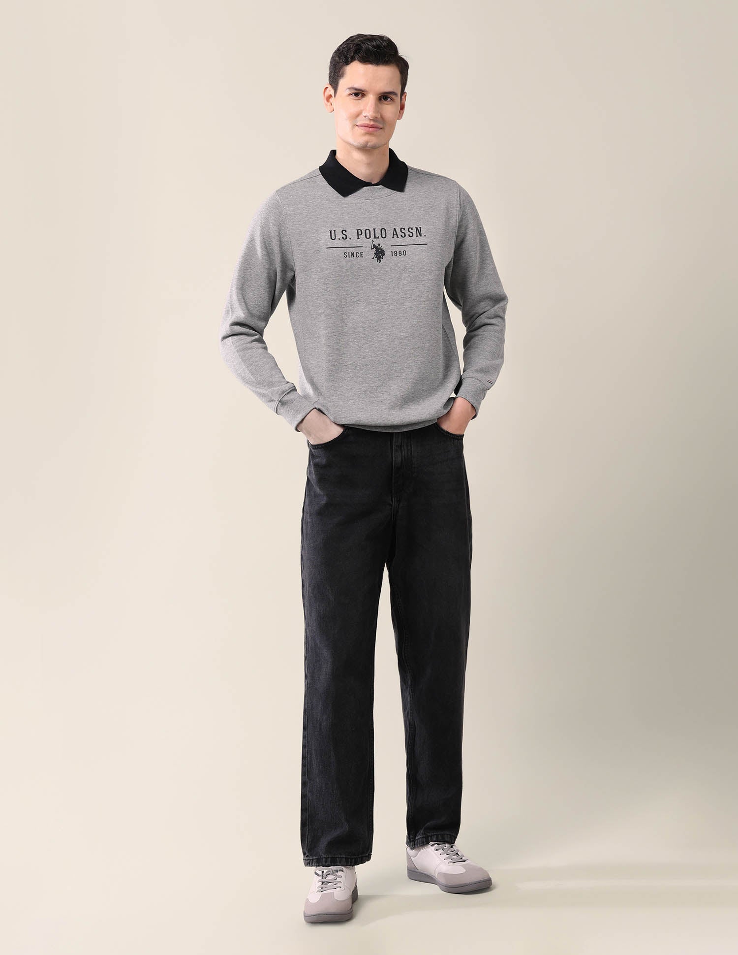 Brand Printed Crew Neck Sweatshirt Grey Mel - U.S. Polo Assn. India | Large