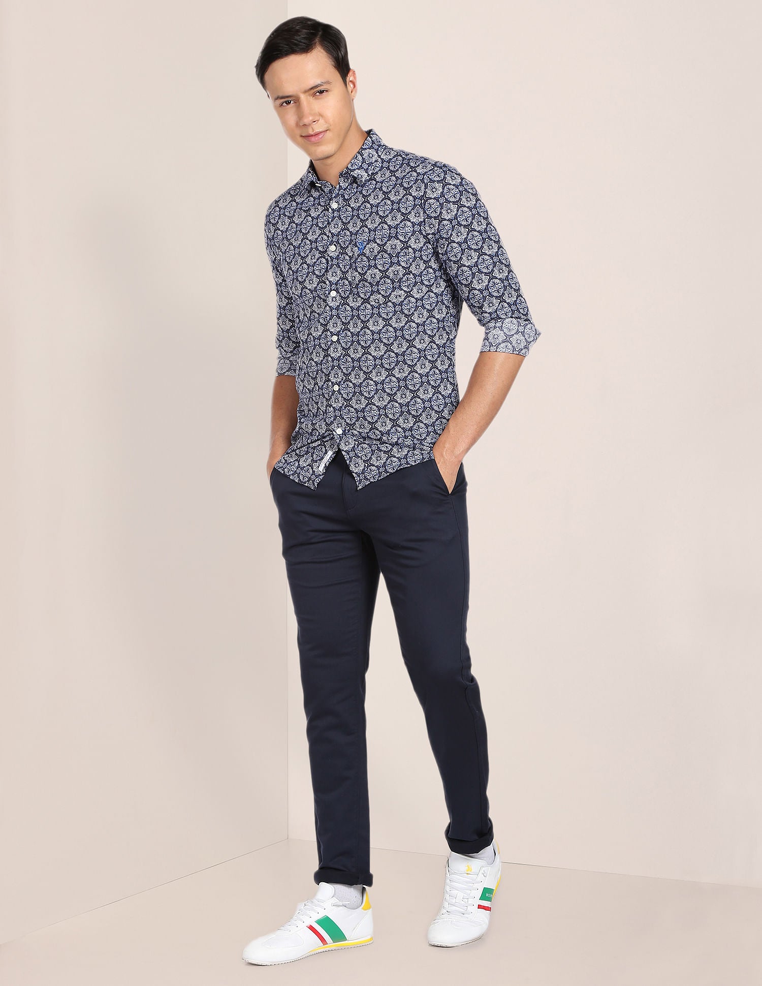 Spread Collar Printed Cotton Casual Shirt Navy - U.S. POLO ASSN. | Large