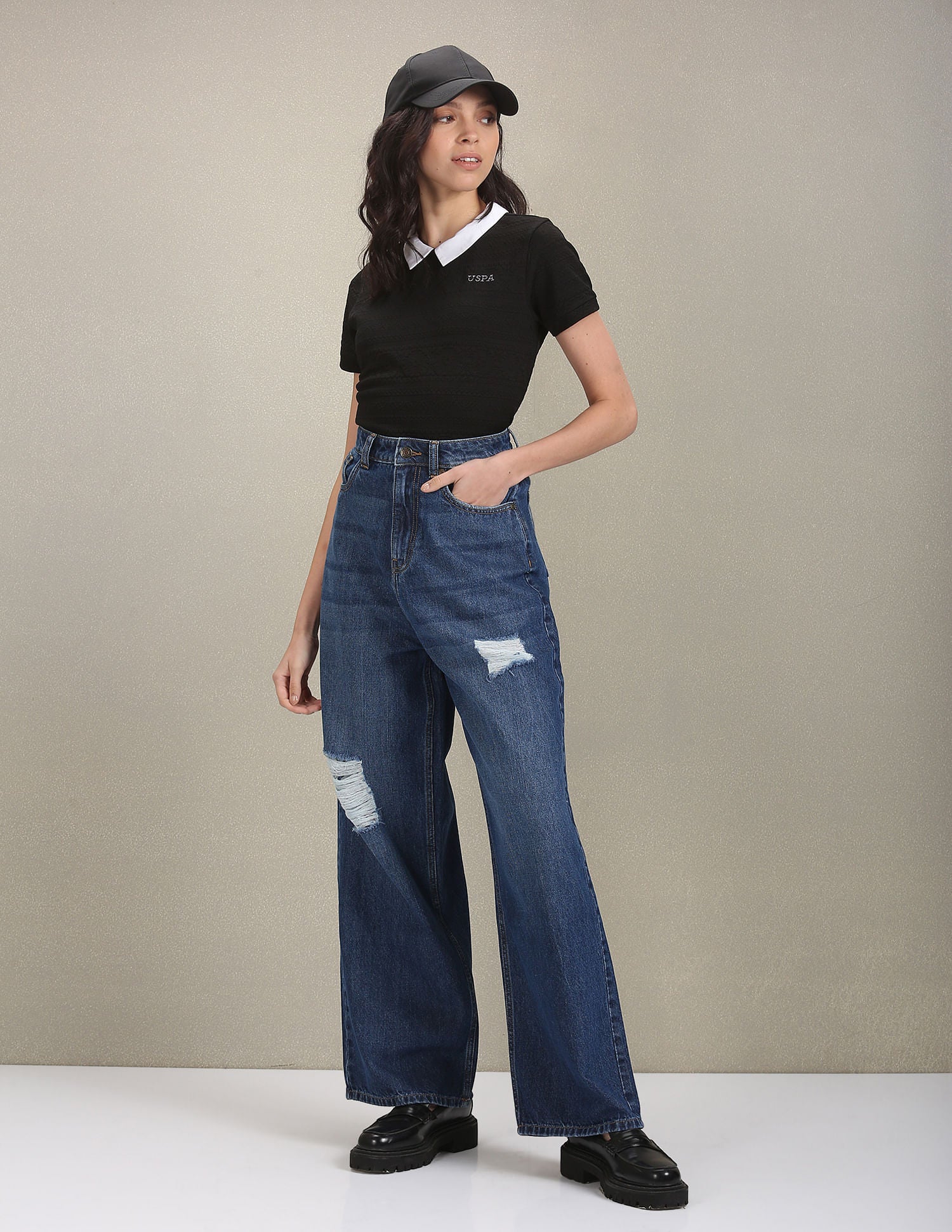 COontrast Collar Patterned Polo Shirt Black - U.S. POLO ASSN. | Large