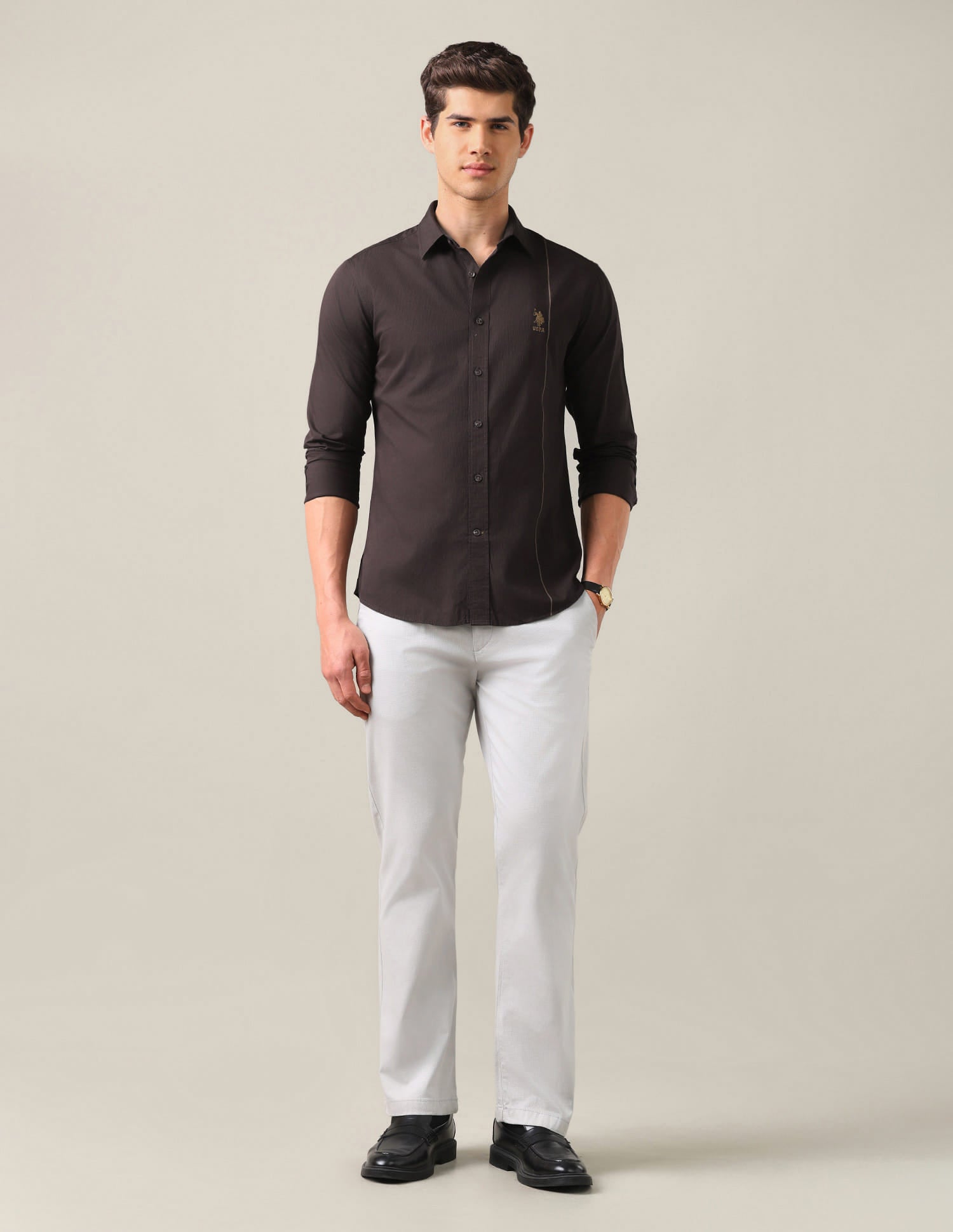 Tailored Fit Dobby Shirt Brown - U.S. Polo Assn. India | Large
