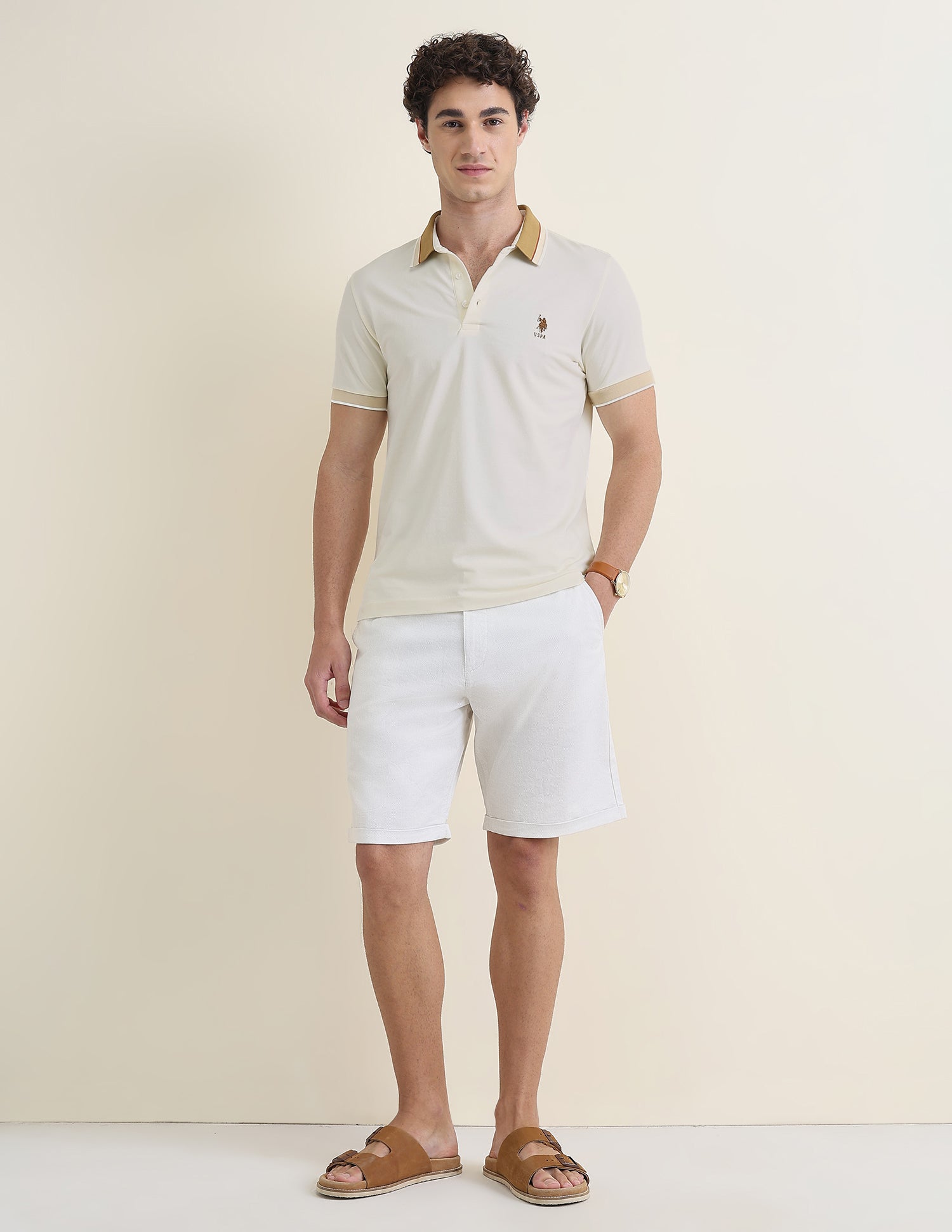 Solid Slim Fit Polo Shirt Beige - U.S. Polo Assn. India | Large