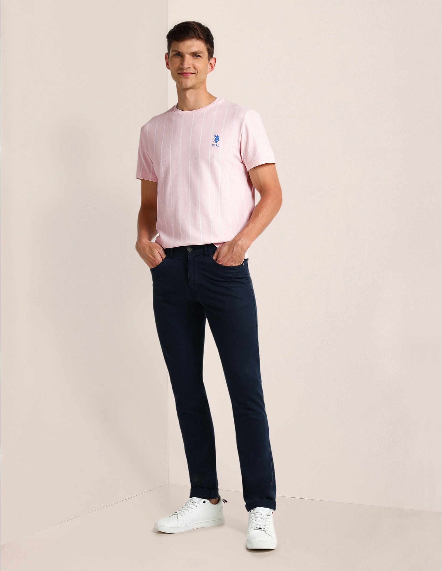 Slim Fit Vertical Striped T-Shirt Light-Pink - U.S. Polo Assn. India | Large