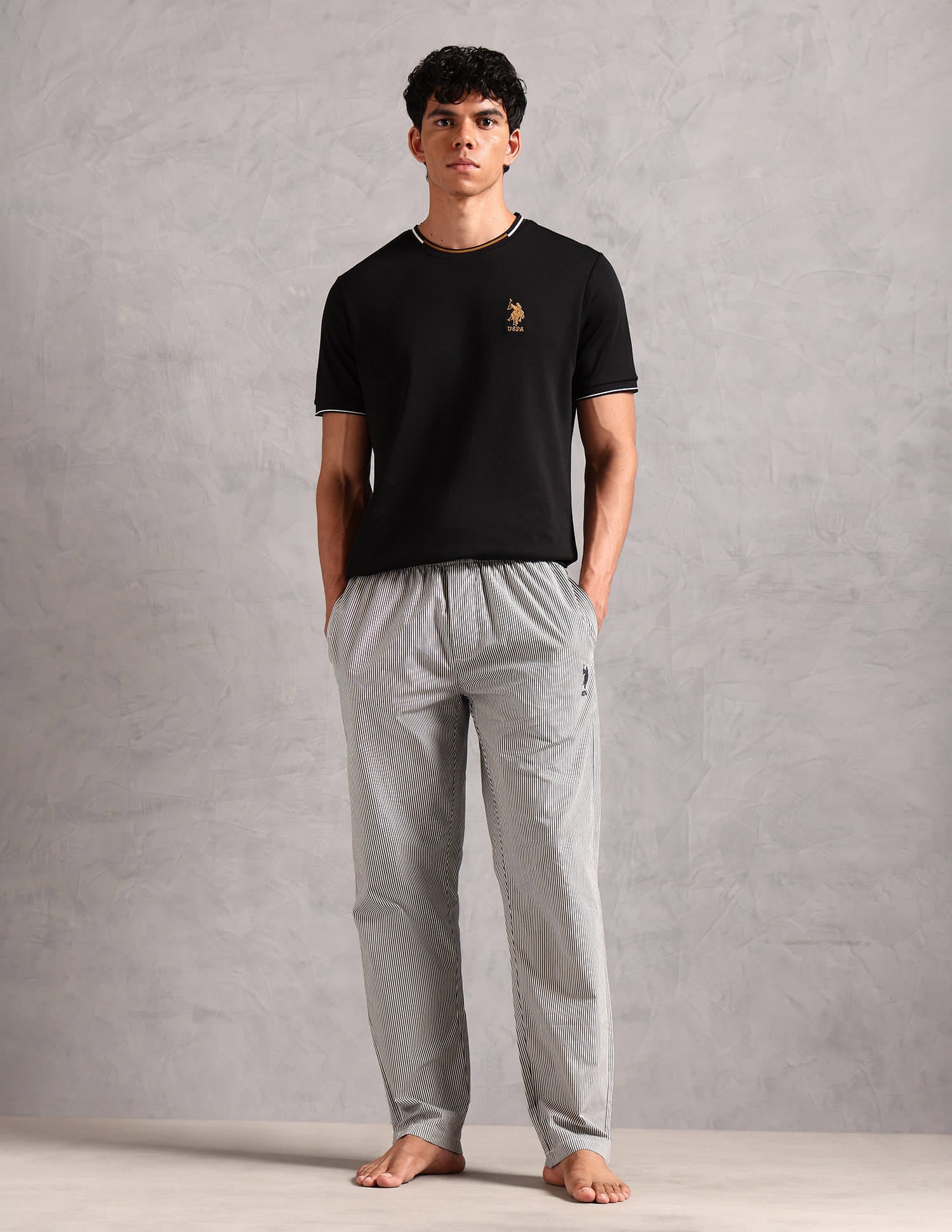 Pure Cotton Striped LP004 Lounge Pants - Pack Of 1 White and Navy Stripe - U.S. Polo Assn. India | Large