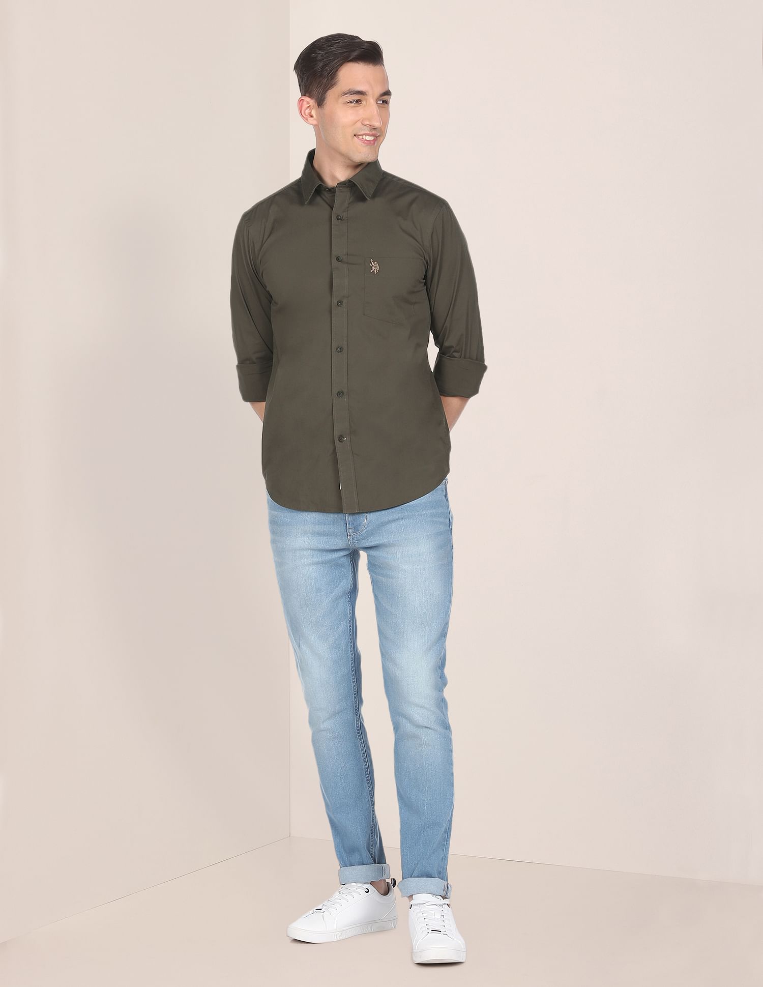 Solid Tailored Fit Casual Shirt Olive - U.S. POLO ASSN. | Large