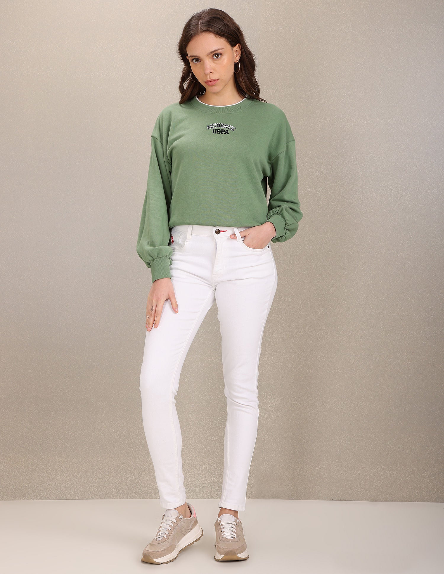 Tipped Crew Neck Solid Sweatshirt Green - U.S. Polo Assn. India | Large