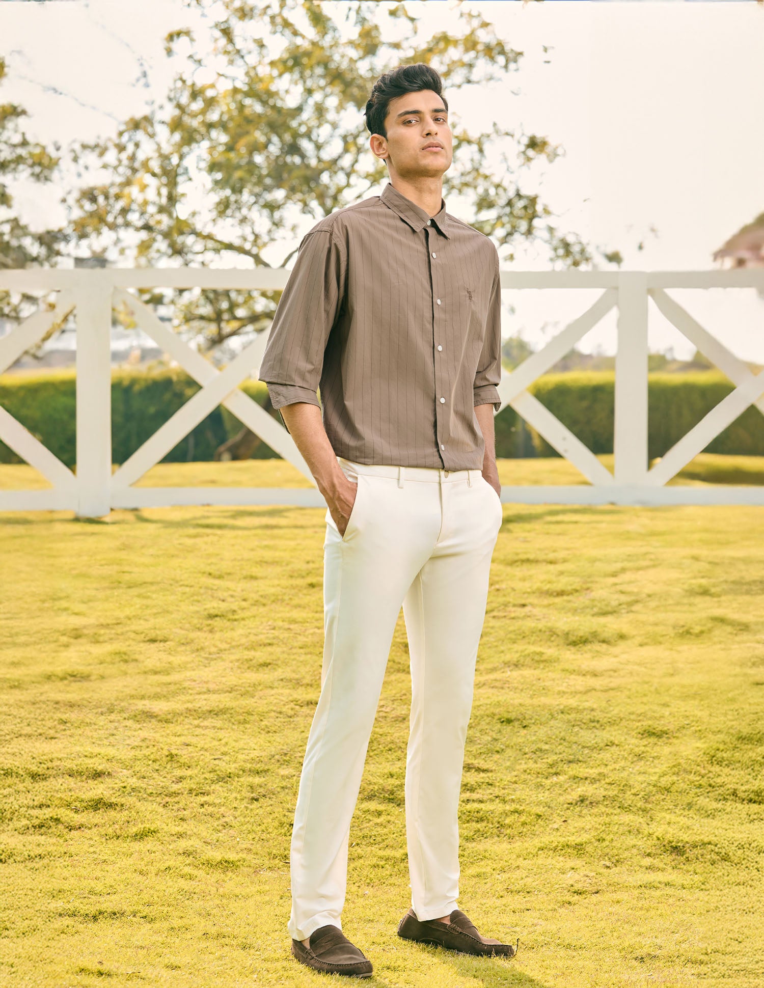 Pacho X Vertical Striped Tailored Fit Shirt Brown - U.S. POLO ASSN. | Large