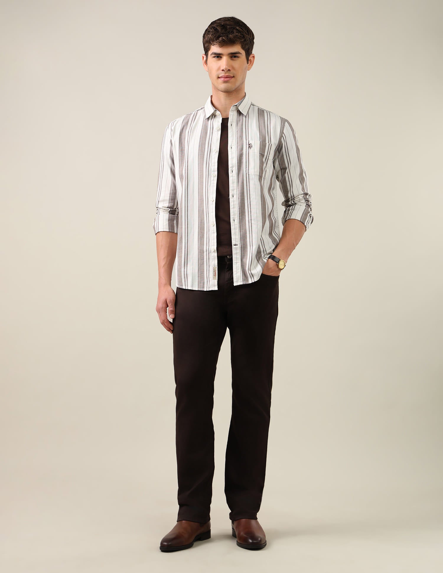 Vertical Striped Regular Fit Shirt Brown - U.S. Polo Assn. India | Large