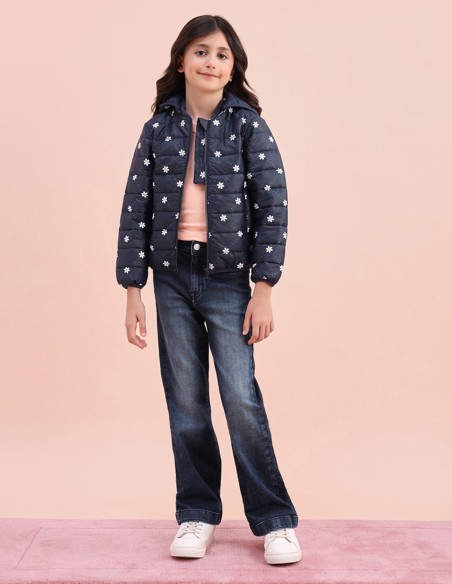 Floral Logo Printed Puffer Jacket Navy - U.S. POLO ASSN. | Large