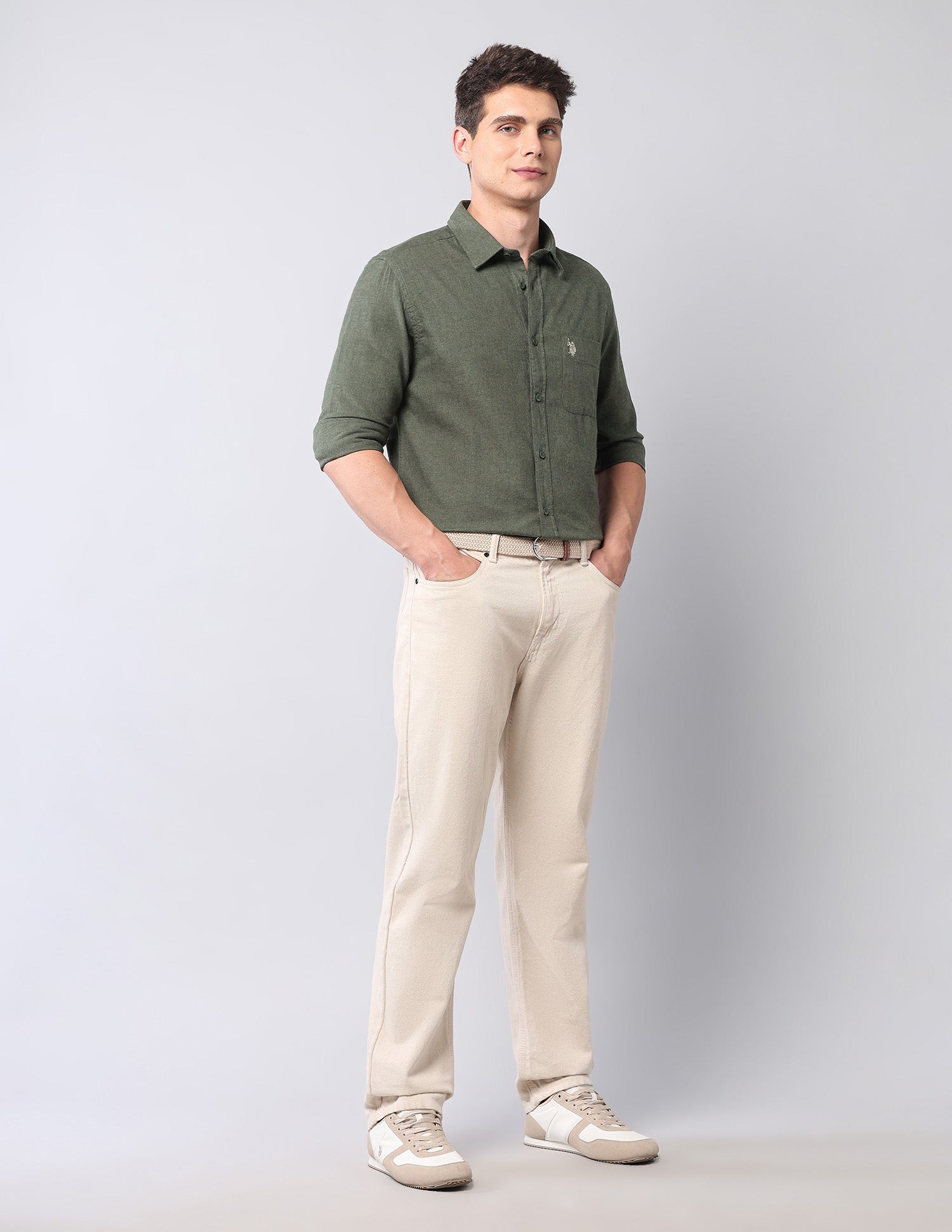 Regular Fit Pure Cotton Shirt Olive - U.S. Polo Assn. India | Large