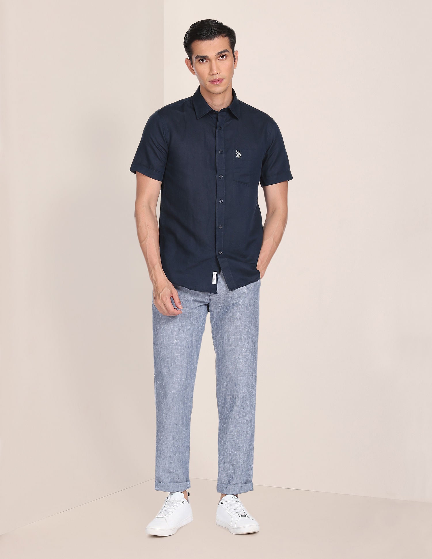 Spread Collar Solid Casual Shirt Navy - U.S. POLO ASSN. | Large