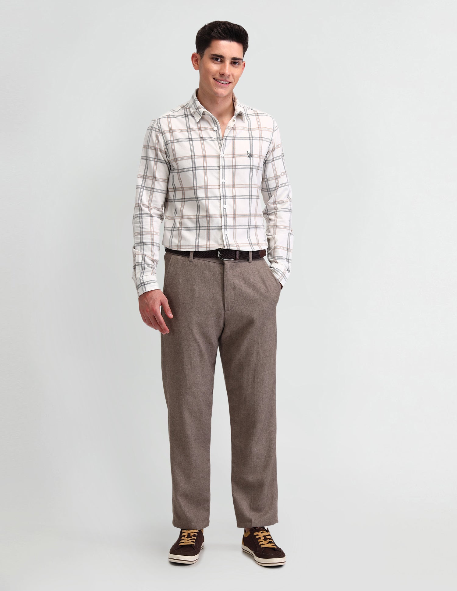Midscale Checked Slim Fit Cotton Shirt Ivory - U.S. Polo Assn. India | Large