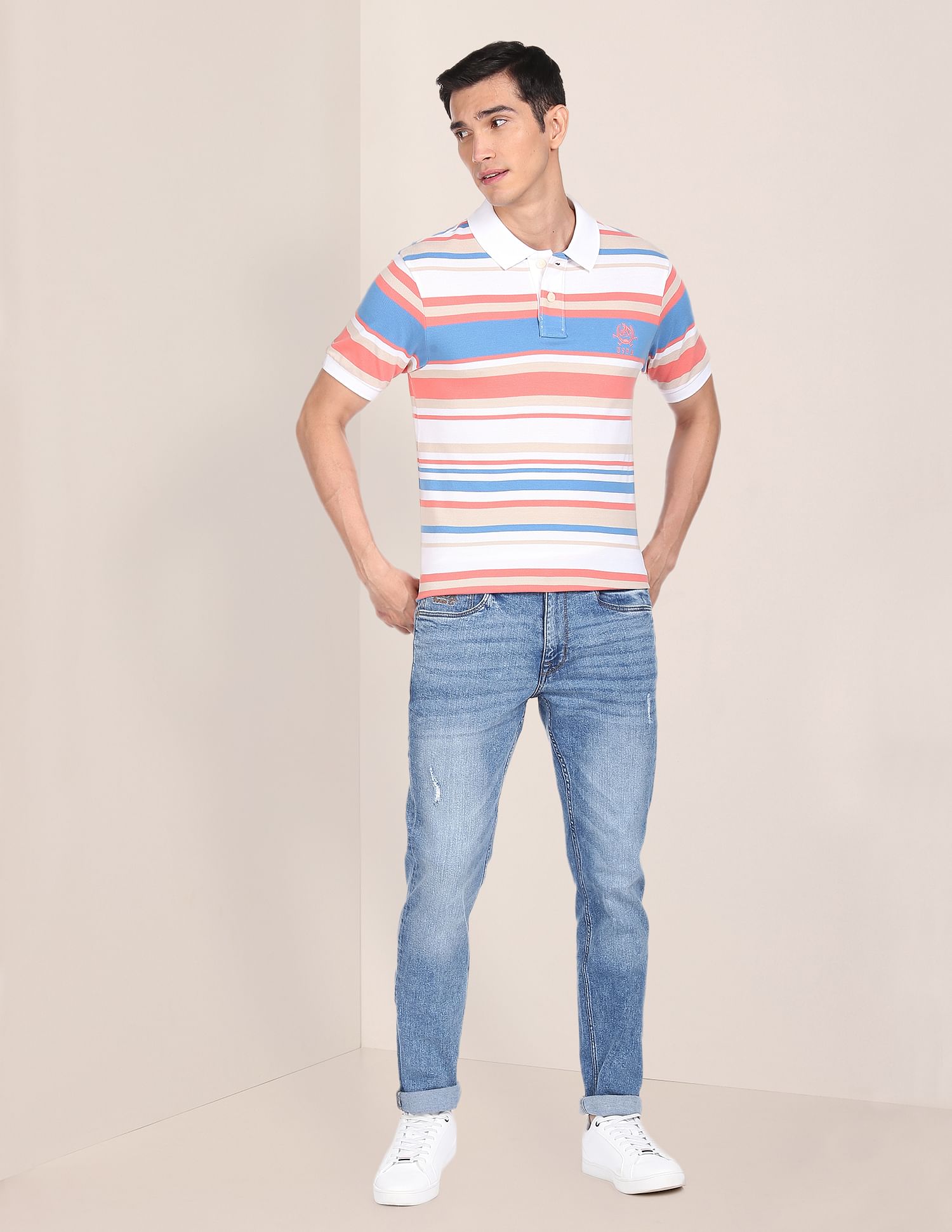 Men White Cotton Striped Logo Polo Shirt White - U.S. Polo Assn. India | Large