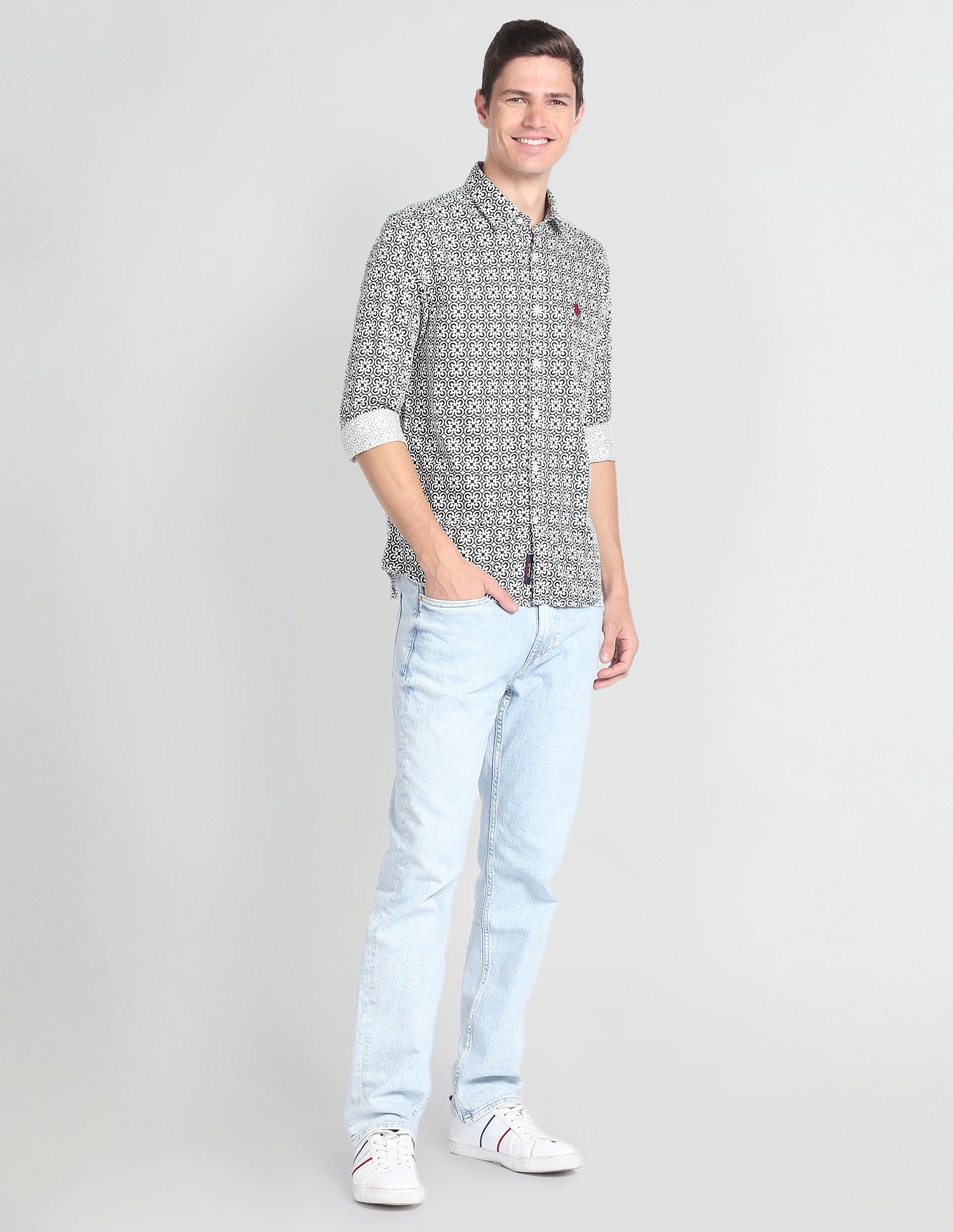 Cutaway Collar Motif Print Shirt Black and Ivory - U.S. POLO ASSN. | Large