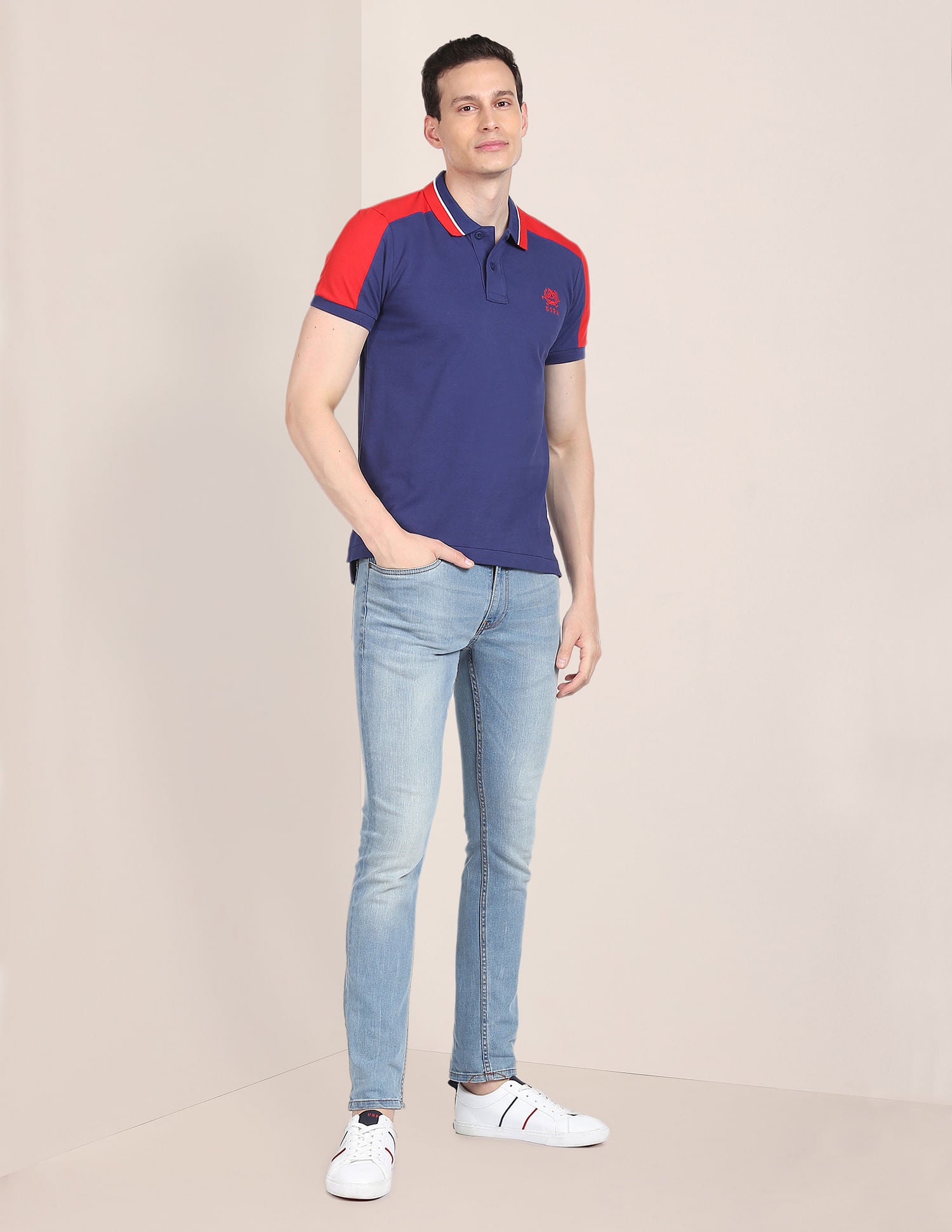 Colour Block Cotton Polo Shirt Dark Blue and Red - U.S. Polo Assn. India | Large