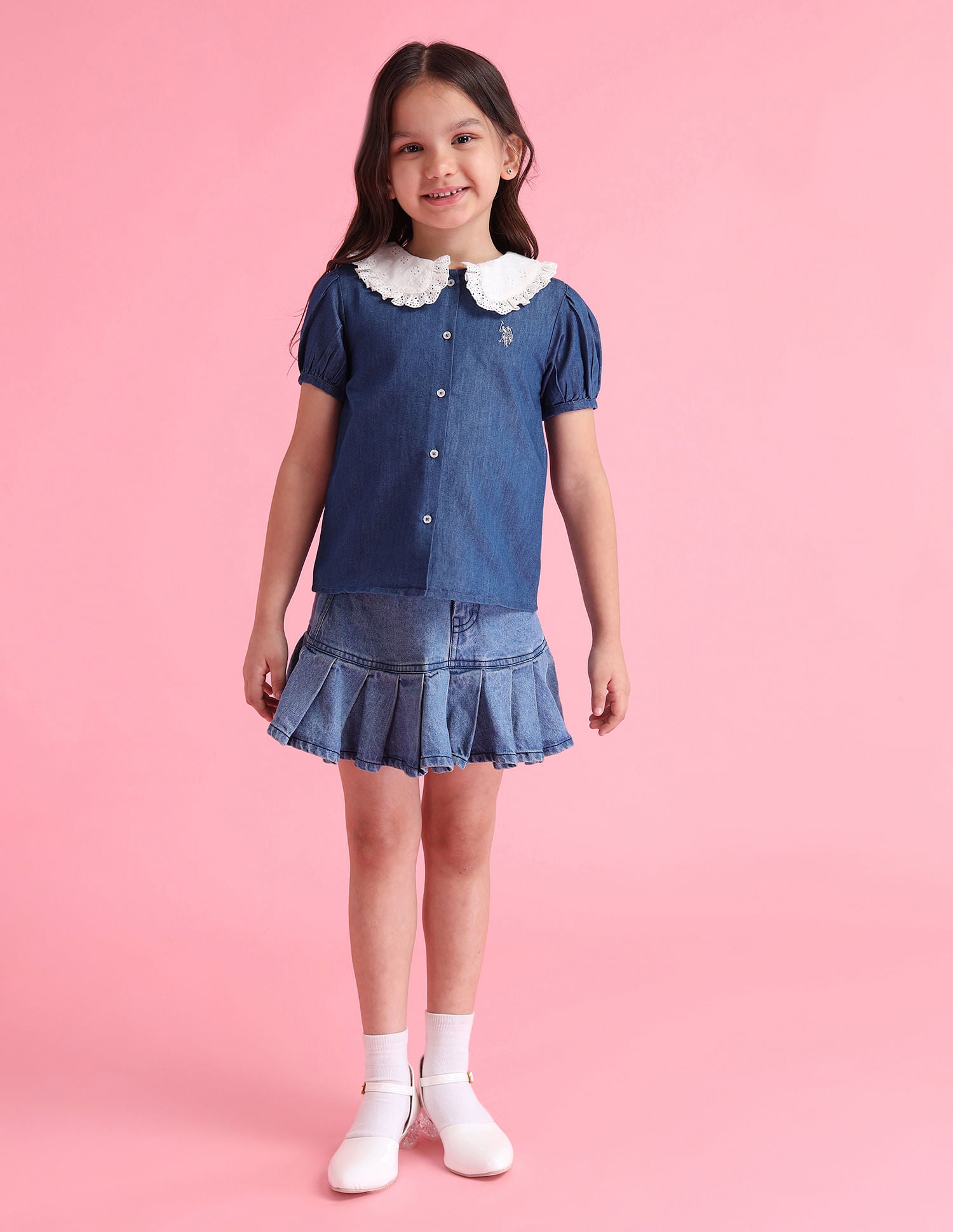 Girls Denim Perter Pan Collar Top Medium Blue - U.S. Polo Assn. India | Large