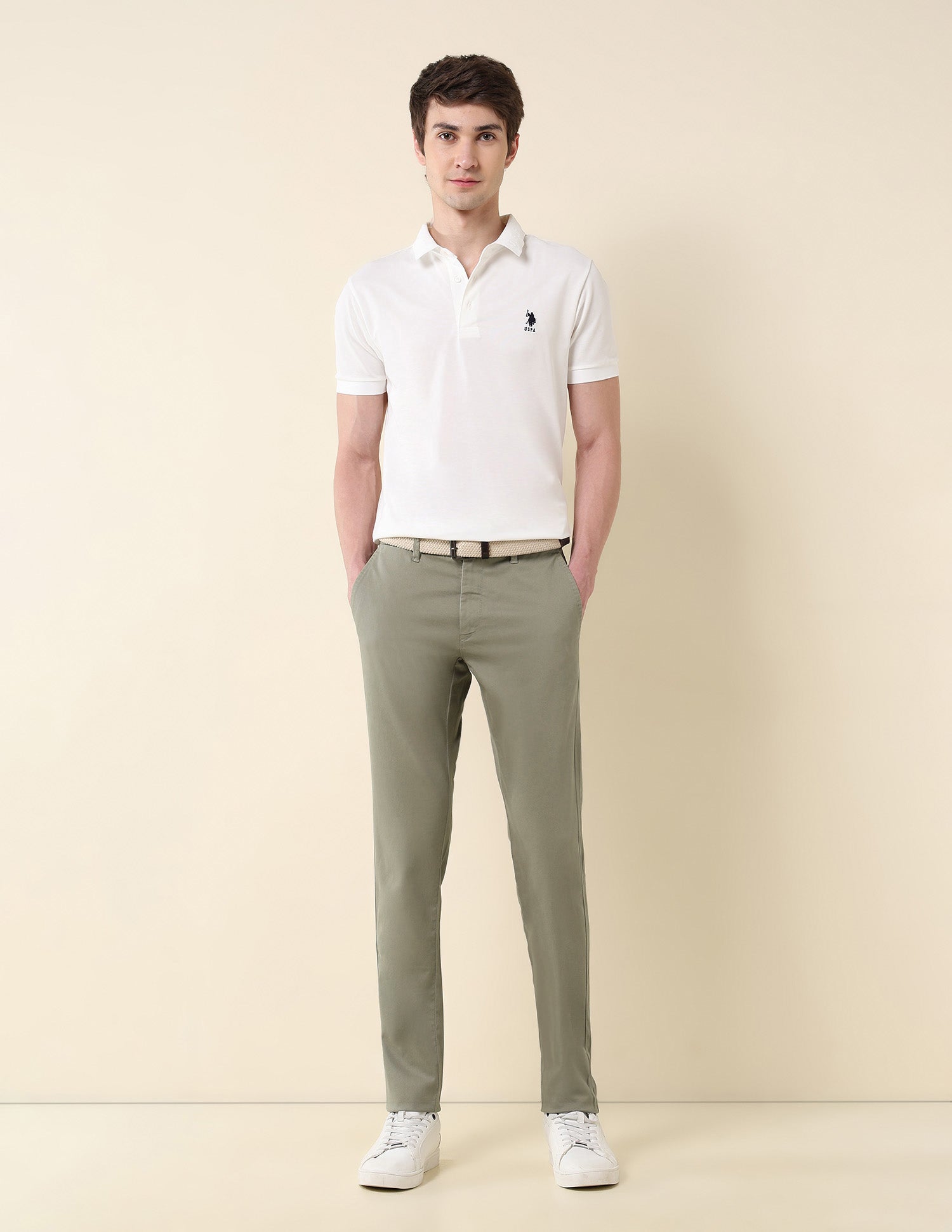 Textured Austin Slim Fit Twill Trousers Light Olive - U.S. Polo Assn. India | Large