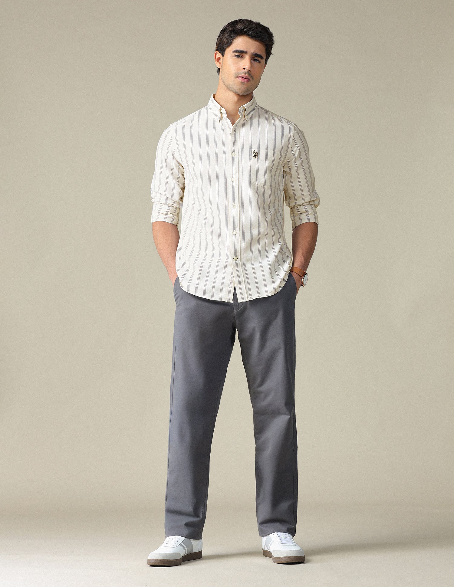 Vertical Striped Button Down Shirt Beige - U.S. POLO ASSN. | Large