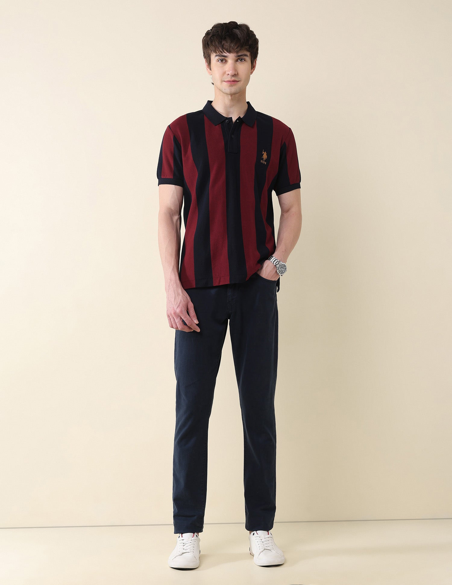 Vertical Striped Pure Cotton Gold Cup Polo Shirt Maroon - U.S. Polo Assn. India | Large