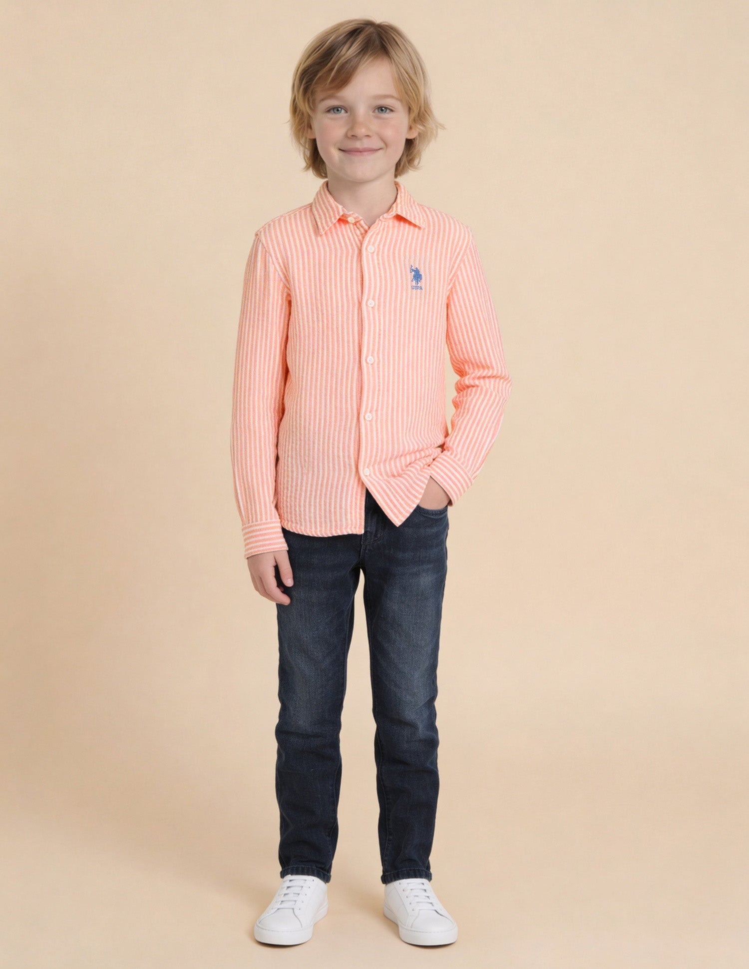 Vertical Striped Seersucker Shirt Orange - U.S. Polo Assn. India | Large
