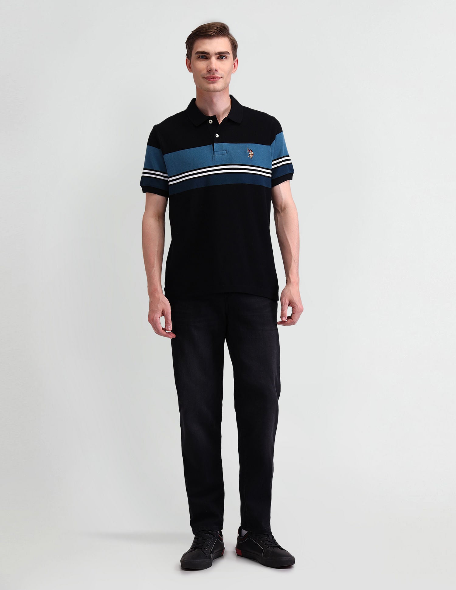 Horizontal Striped Muscle Polo Shirt Black - U.S. Polo Assn. India | Large