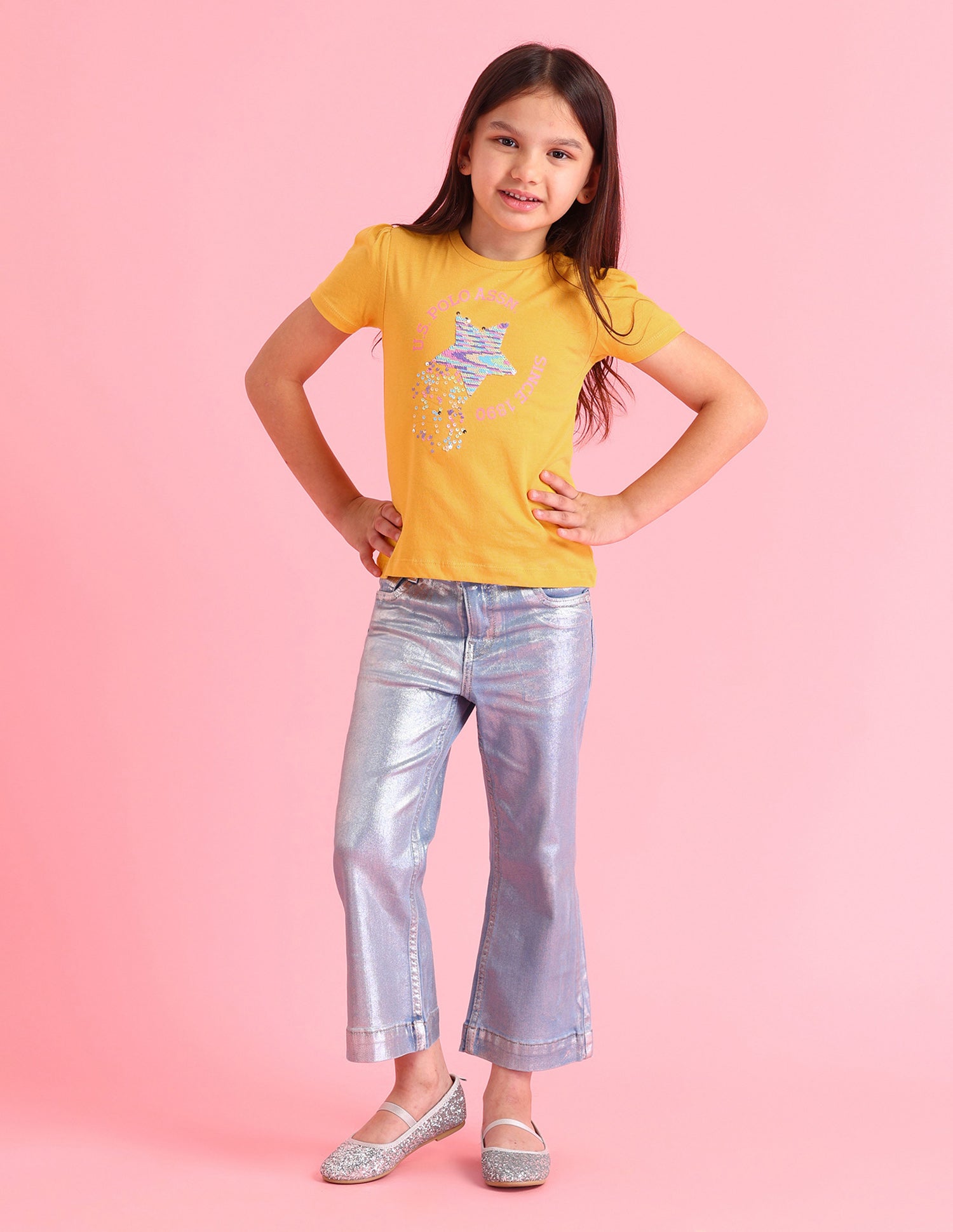 Girls Embellished Regular Fit T-Shirt Yellow - U.S. POLO ASSN. | Large