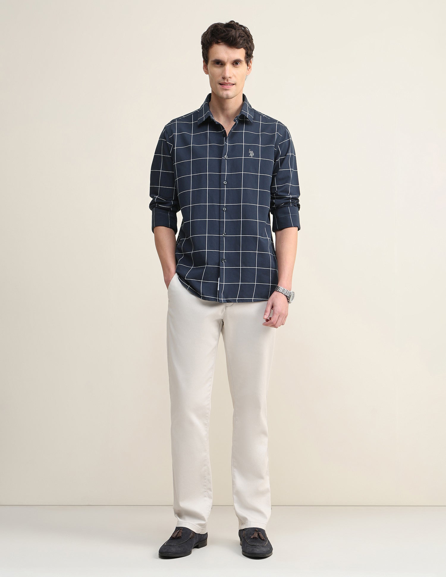 Windowpane Checked Twill Shirt Navy - U.S. Polo Assn. India | Large