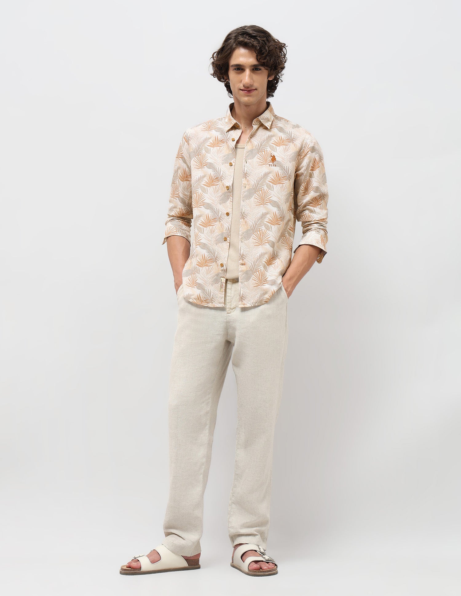 Tropical Printed Regular Fit Shirt Beige - U.S. POLO ASSN. | Large