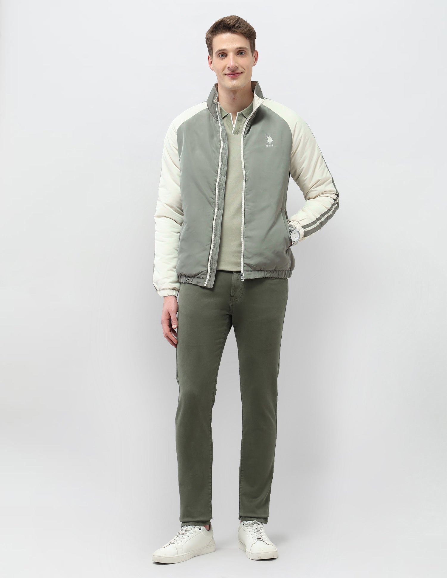 Colour Blocked Regular Fit Puffer Jacket Green - U.S. Polo Assn. India | Large