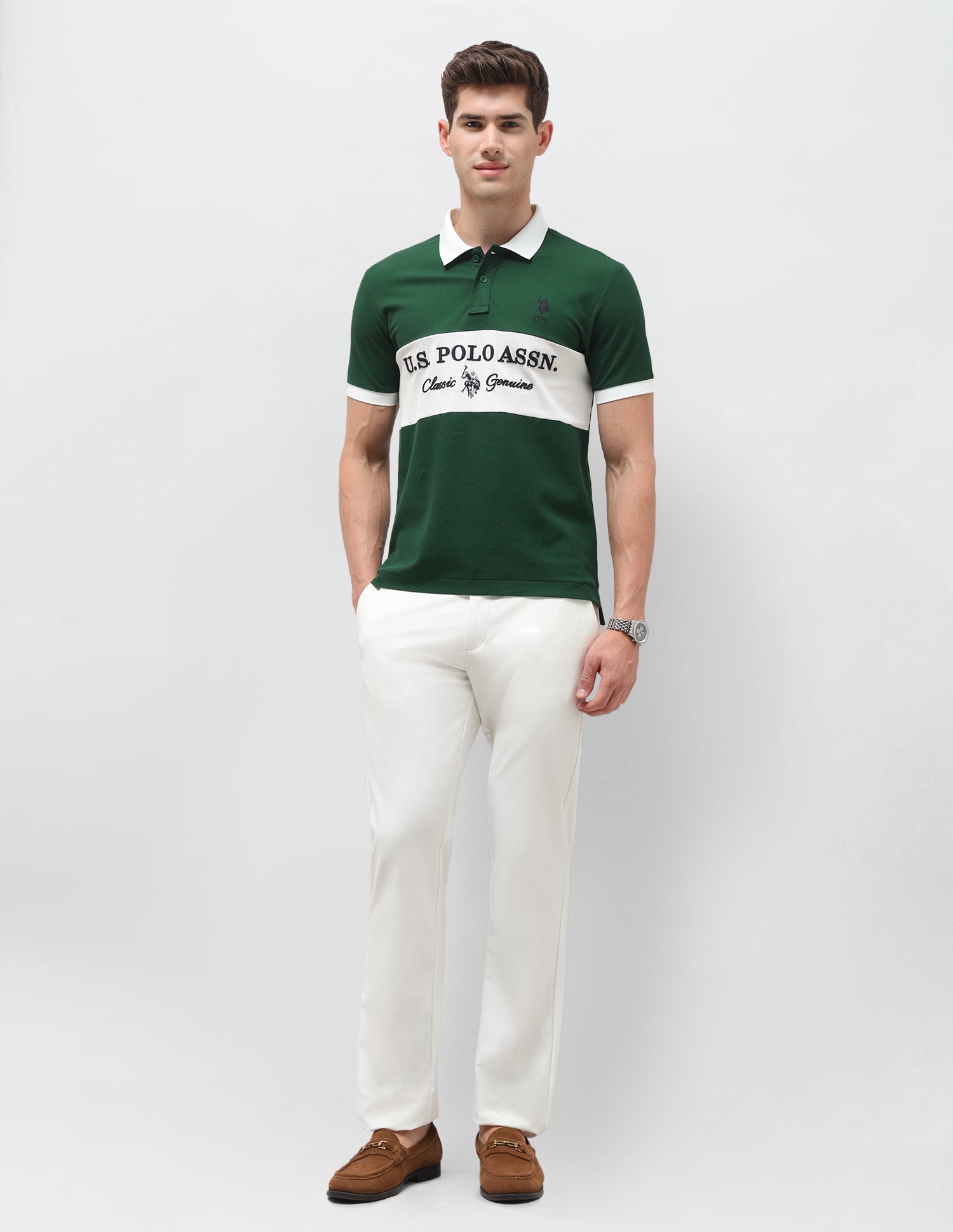 Colourblocked Brand Embroidered Slim Fit Polo Shirt Green - U.S. Polo Assn. India | Large