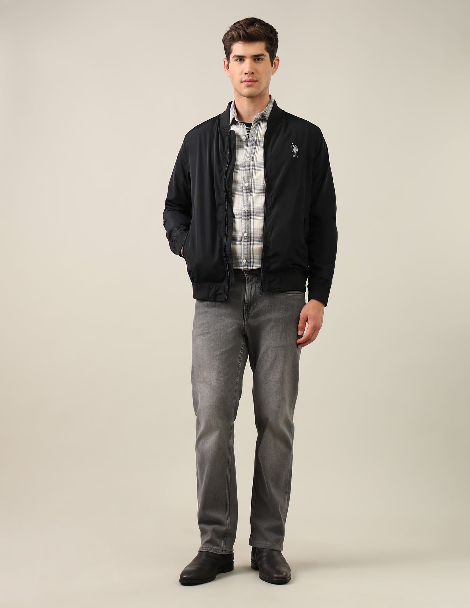 Men Black Solid Stand Collar Bomber Jacket Black - U.S. Polo Assn. India | Large