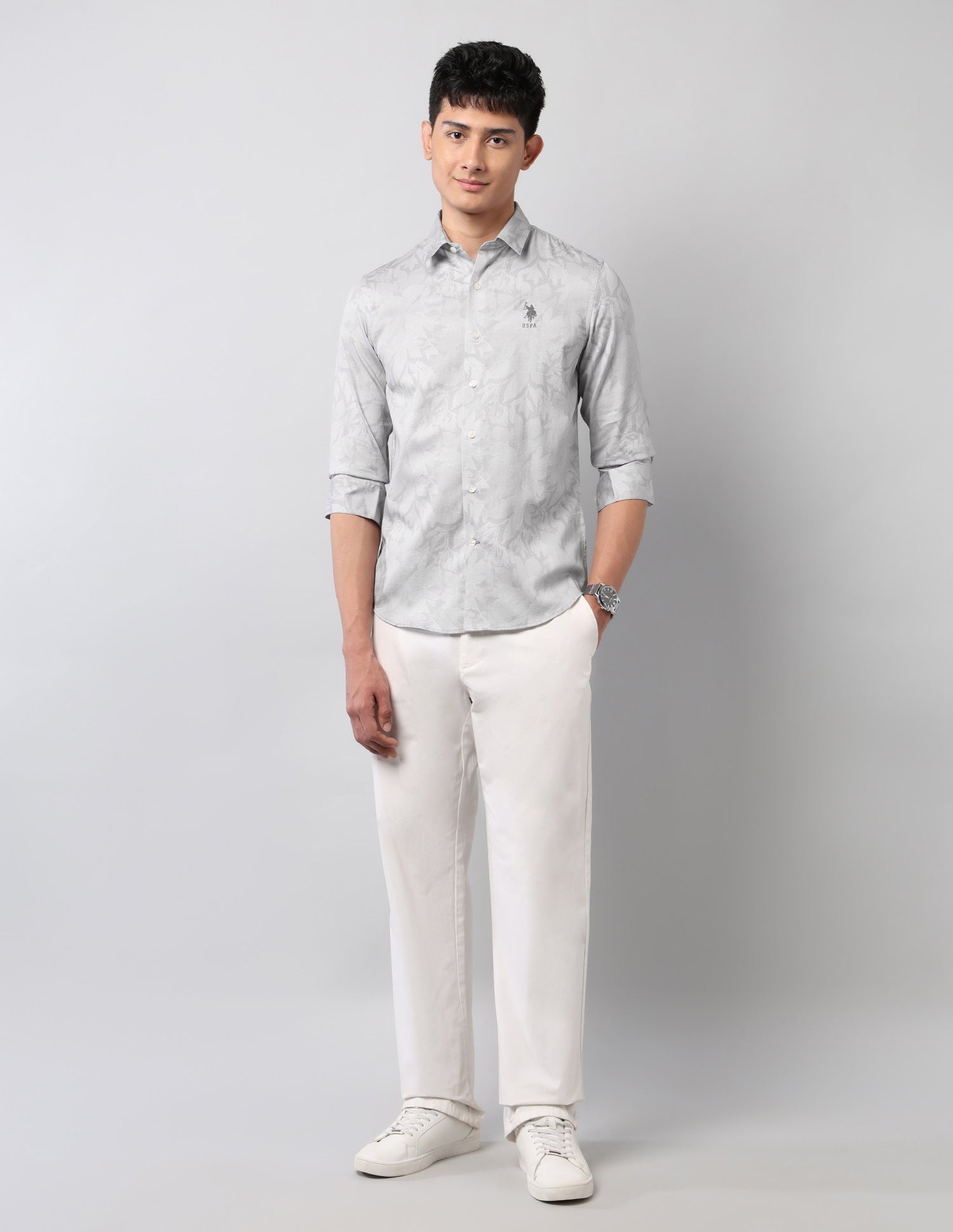 Floral Printed Pure Cotton Shirt Light Grey - U.S. Polo Assn. India | Large