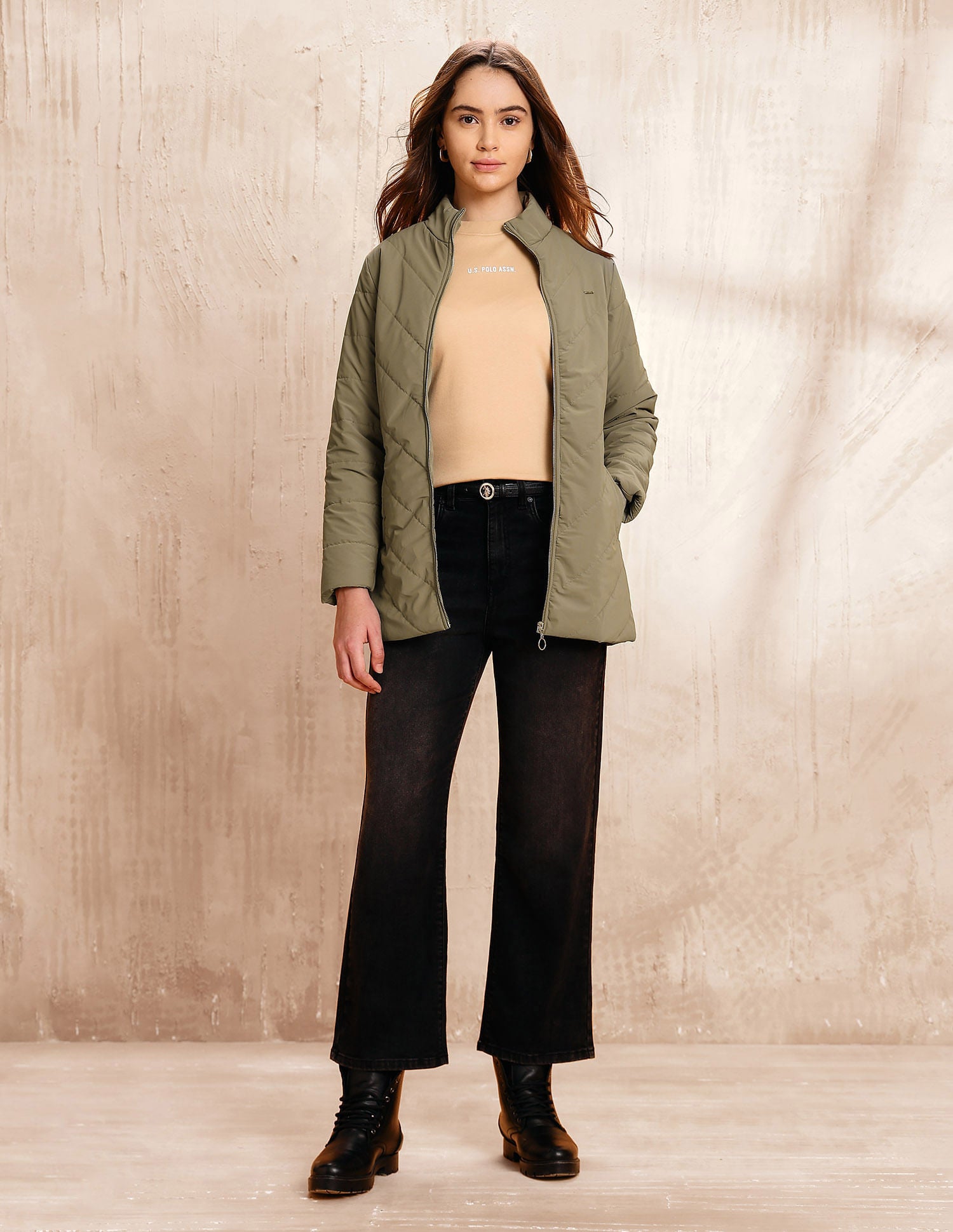 Solid Regular Fit Puffer Jacket Beige - U.S. POLO ASSN. | Large