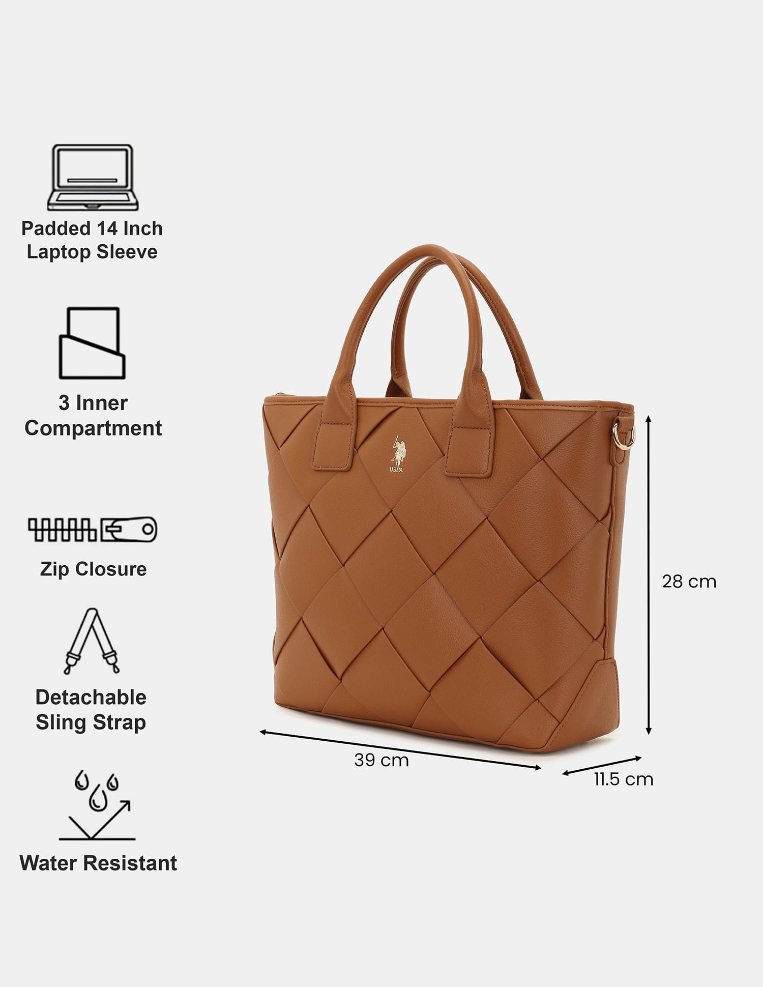 Women Bayla Textured Tote Bag with Detachable Sling Tan - U.S. POLO ASSN. | Large