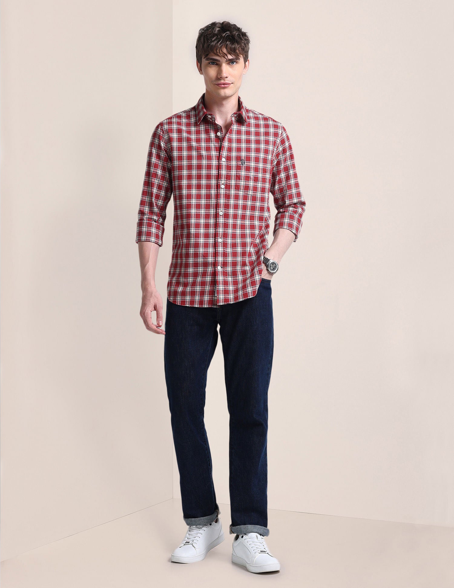 Tartan Checked Twill Cotton Shirt White - U.S. Polo Assn. India | Large