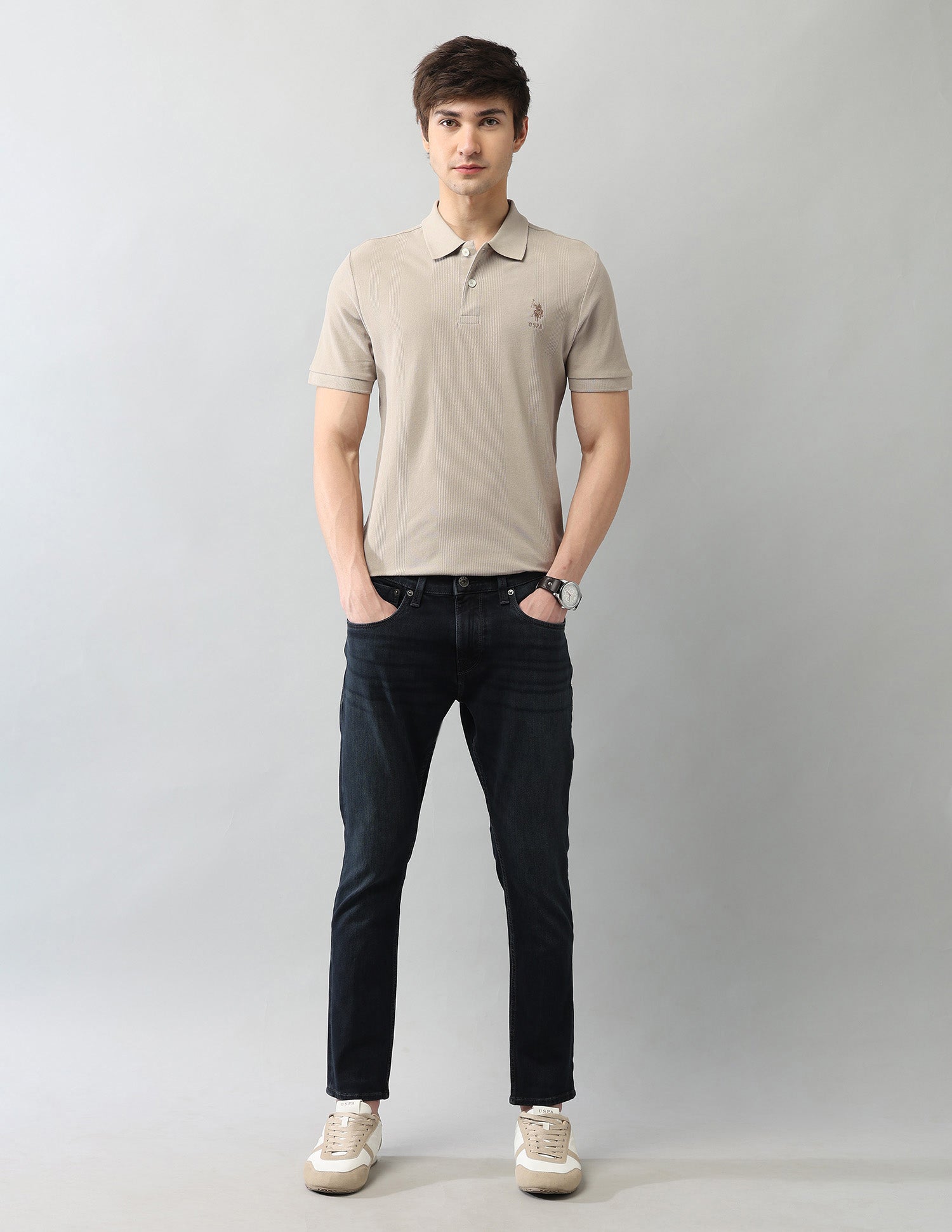 Textured Pure Cotton Black Label Polo Shirt Beige - U.S. Polo Assn. India | Large