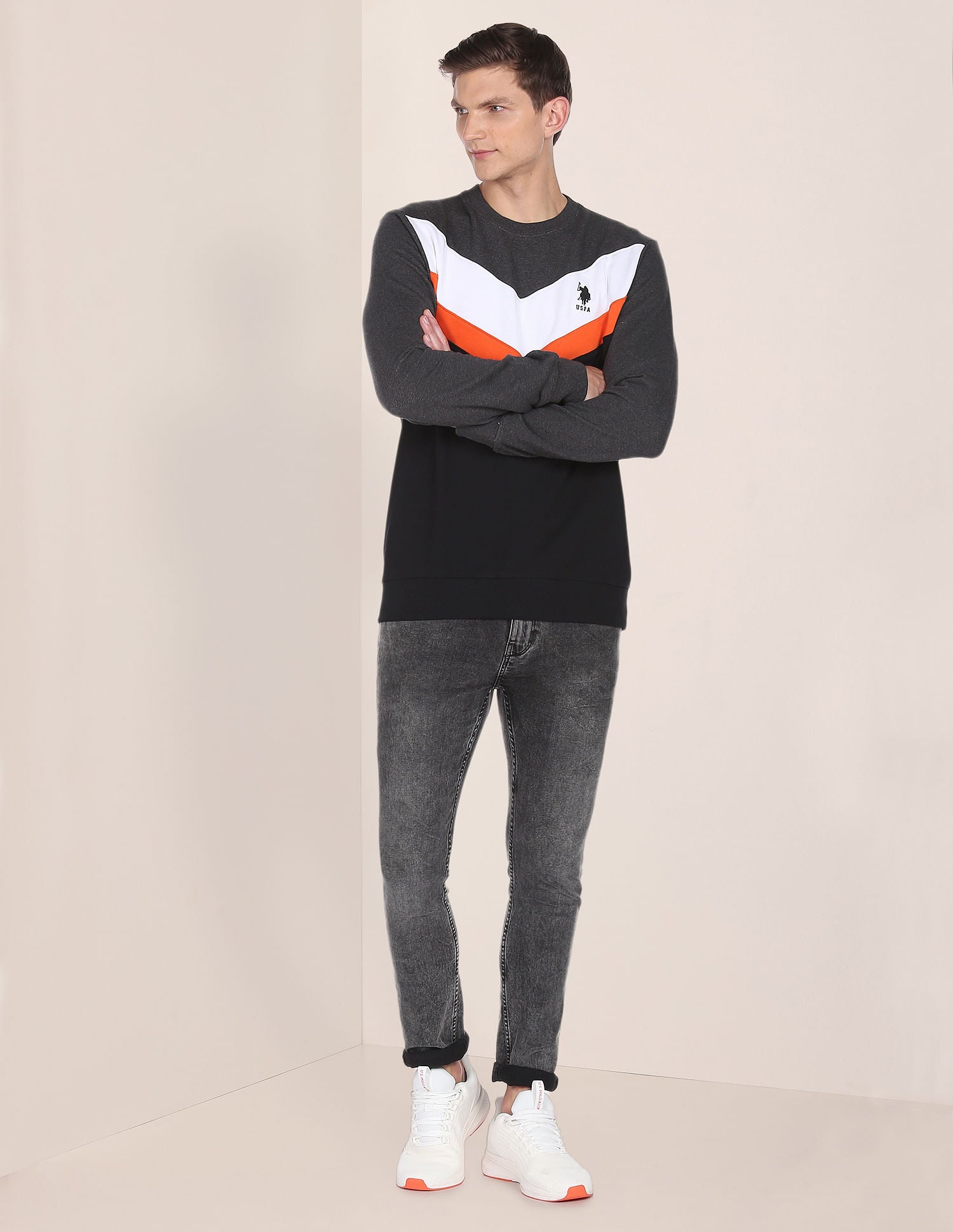 Crew Neck Colour Block Sweatshirt Grey and Black - U.S. POLO ASSN. | Large