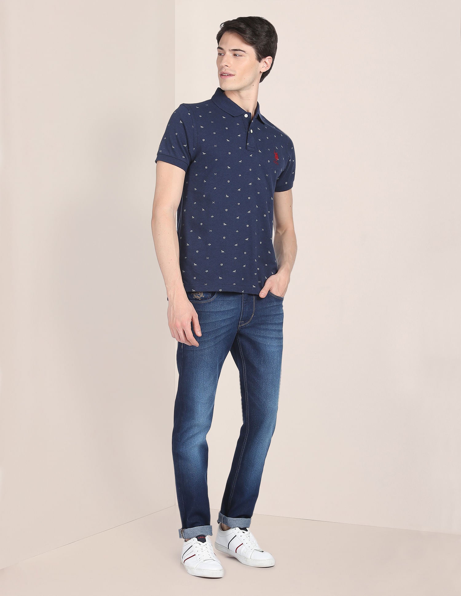 All Over Graphic Print Cotton Polo Shirt Navy - U.S. Polo Assn. India | Large