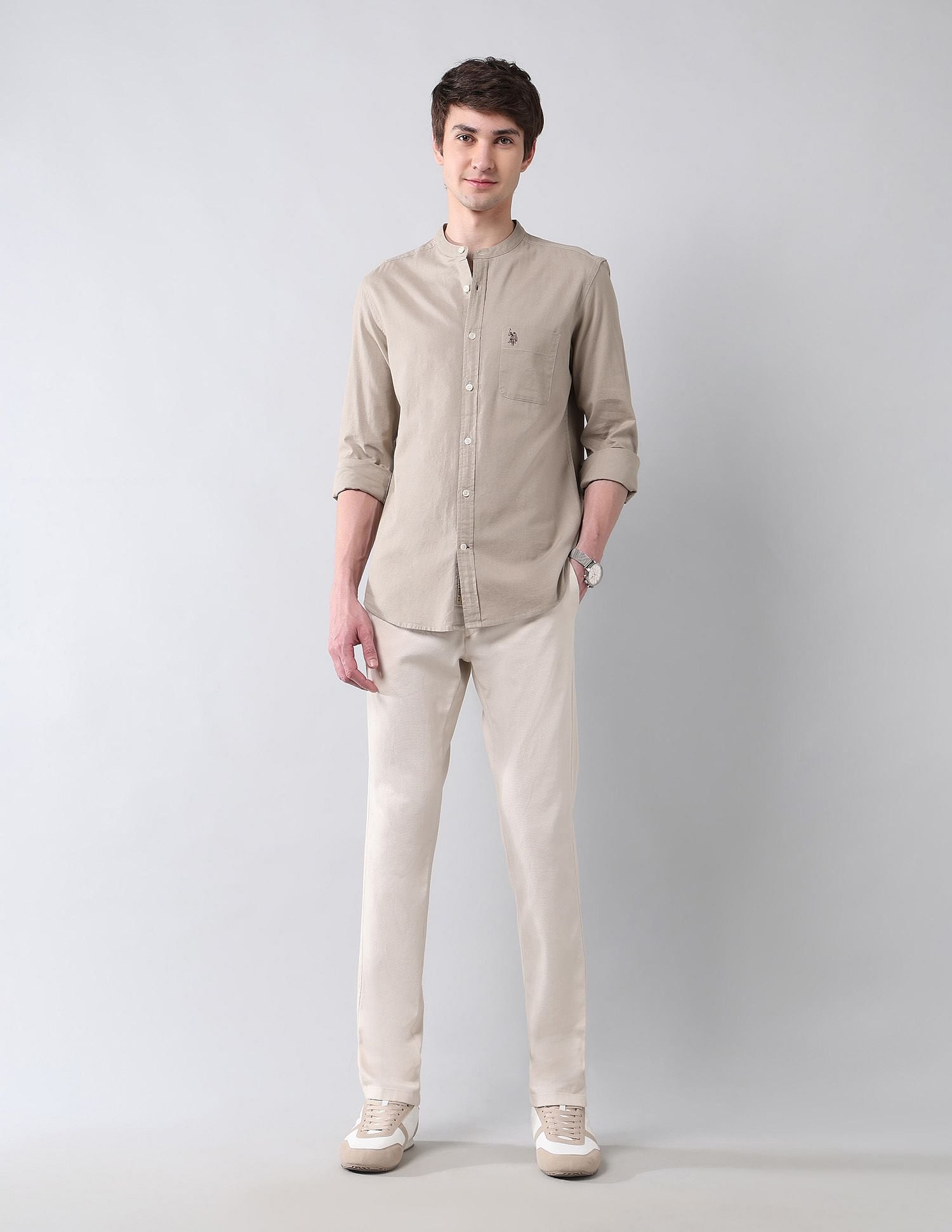 Solid Slub Mandarin Collar Shirt Khaki - U.S. Polo Assn. India | Large