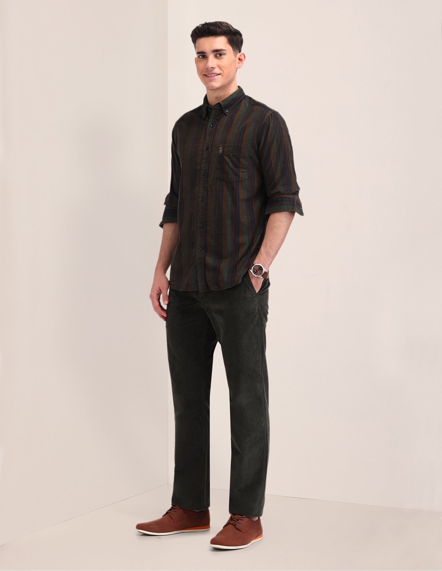 Vertical Striped Tailored Fit Shirt Brown - U.S. Polo Assn. India | Large