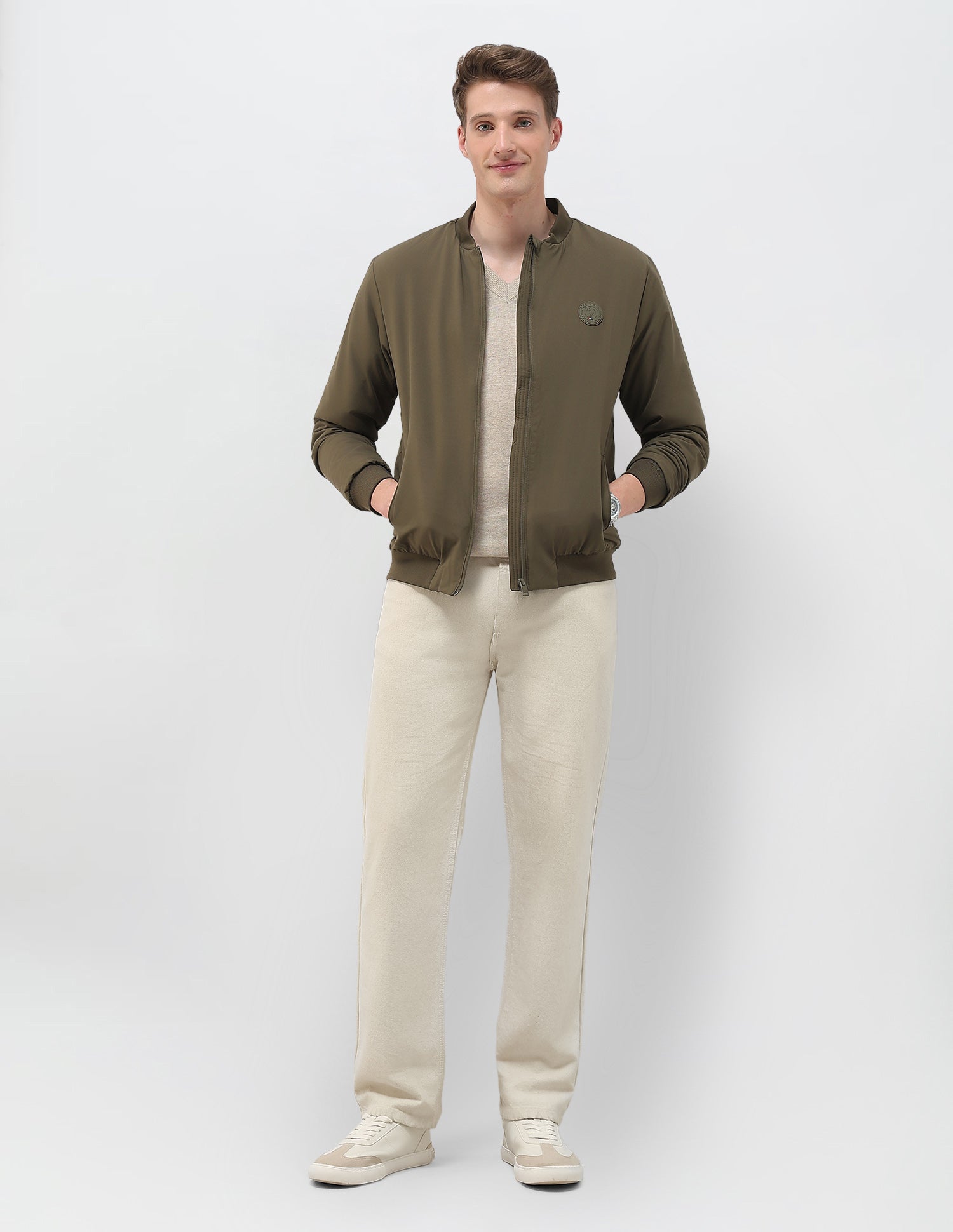 Solid Regular Fit Bomber Jacket Olive - U.S. Polo Assn. India | Large