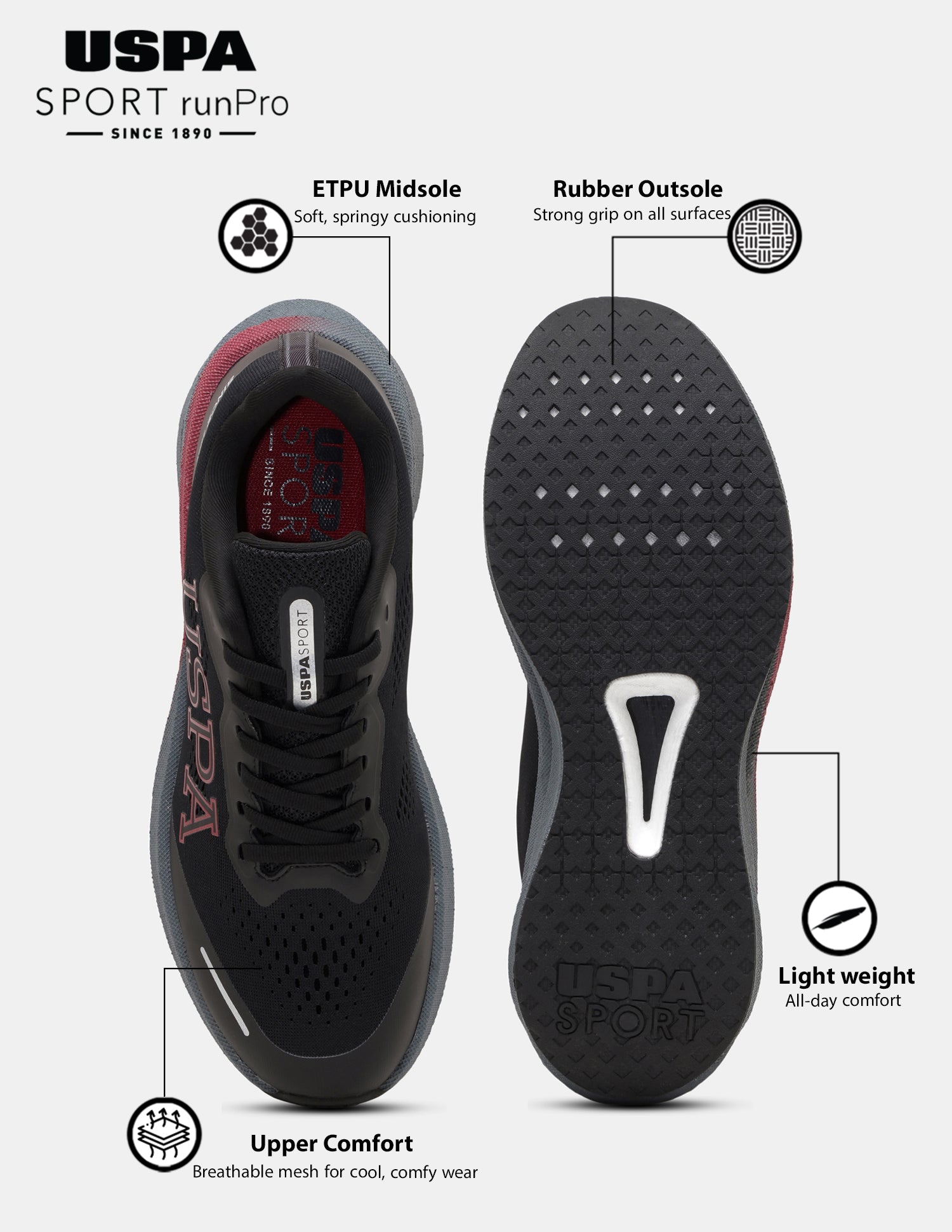 Men Rainer USPA Sport Runpro Running Shoes Black - U.S. POLO ASSN. | Large