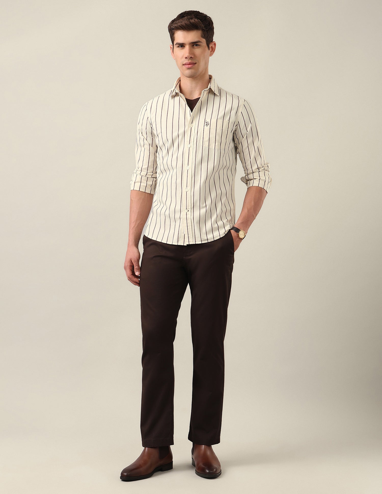 Tailored Fit Vertical Striped Shirt Light Khaki - U.S. Polo Assn. India | Large