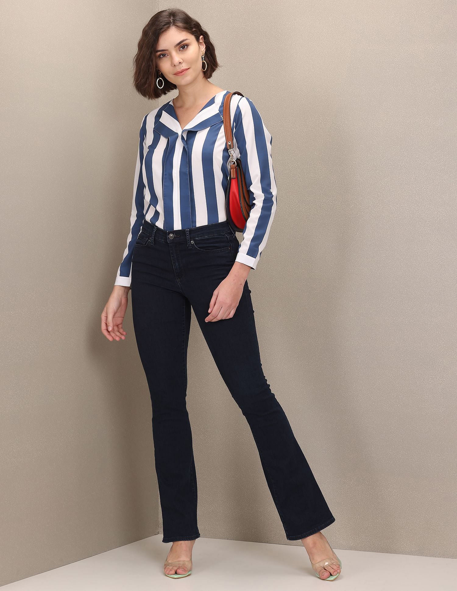 Notched Neck Vertical Striped Evening Top White and Blue - U.S. POLO ASSN. | Large