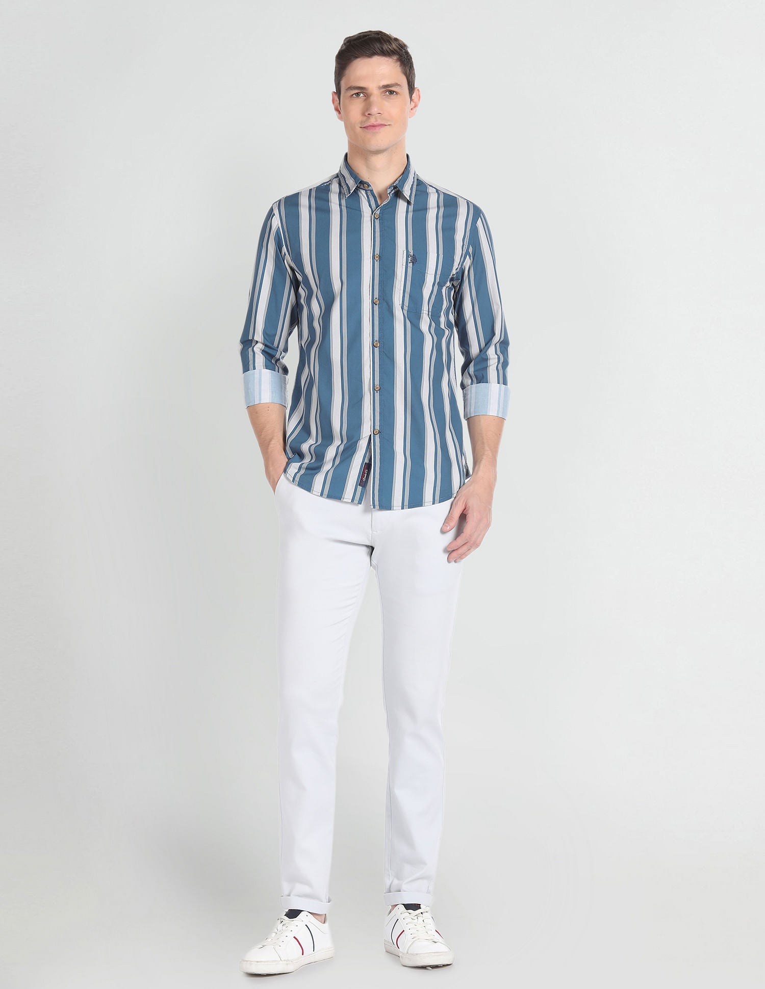 Vertical Stripe Cotton Shirt Dark Blue - U.S. POLO ASSN. | Large