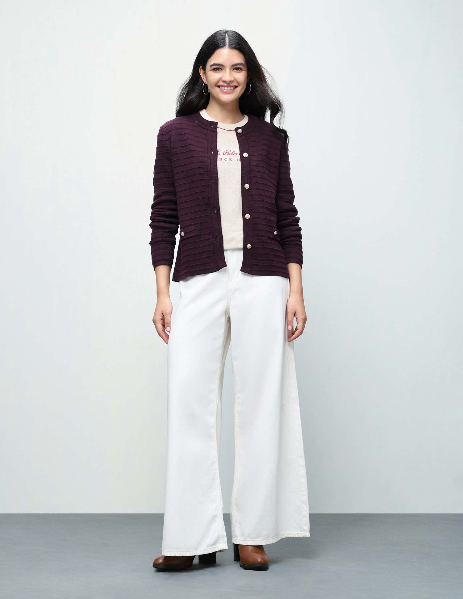 Patterned Knit Cardigan Sweater Wine - U.S. Polo Assn. India | Large