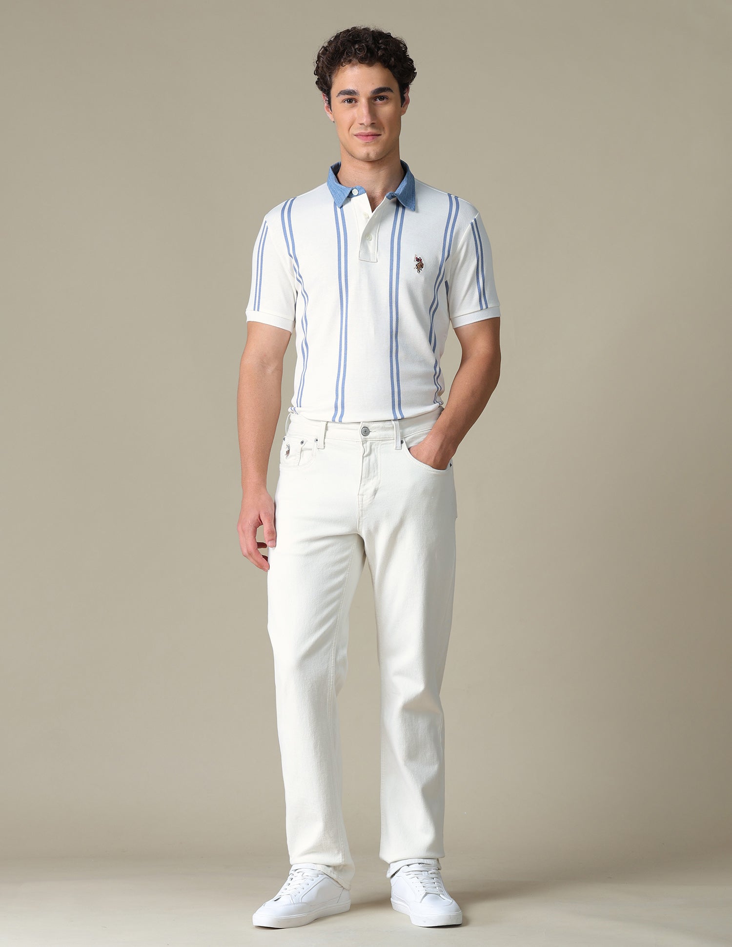 Vertical Striped Slim Fit T-Shirt Ivory - U.S. Polo Assn. India | Large
