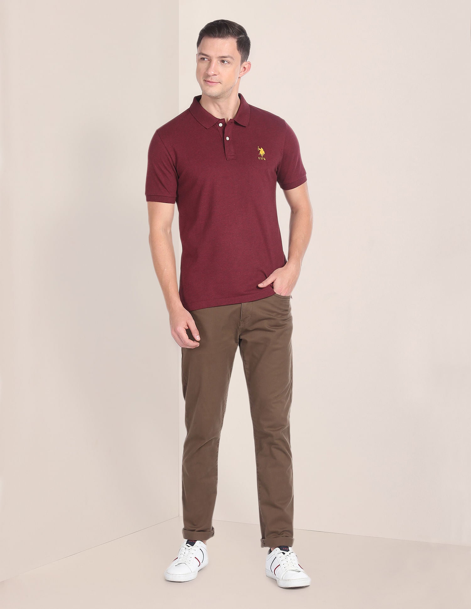 Embroidered Logo Heathered Polo Shirt Maroon - U.S. Polo Assn. India | Large