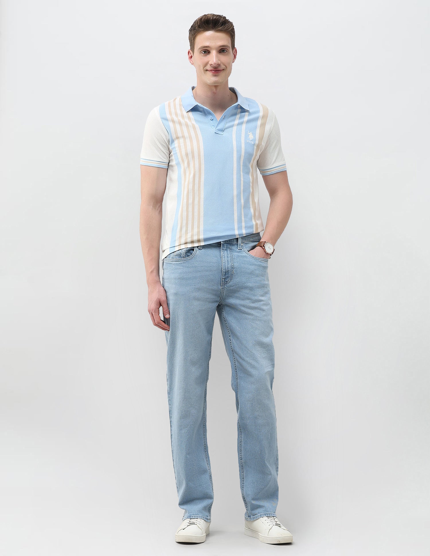Self Design Vertical Striped Slim Fit Polo Shirt Light Blue - U.S. Polo Assn. India | Large