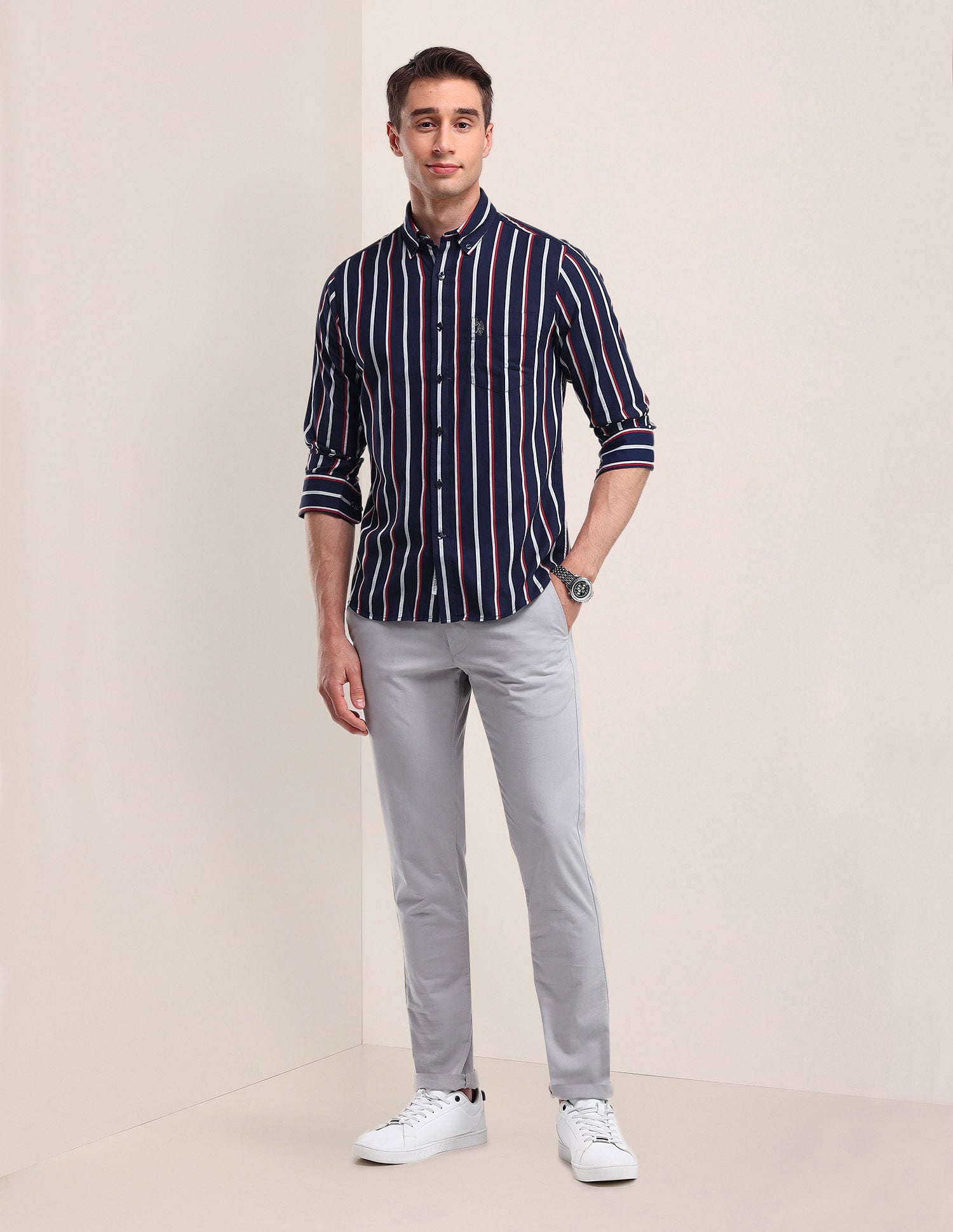 Tailored Fit Cotton Striped Shirt Blue - U.S. Polo Assn. India | Large